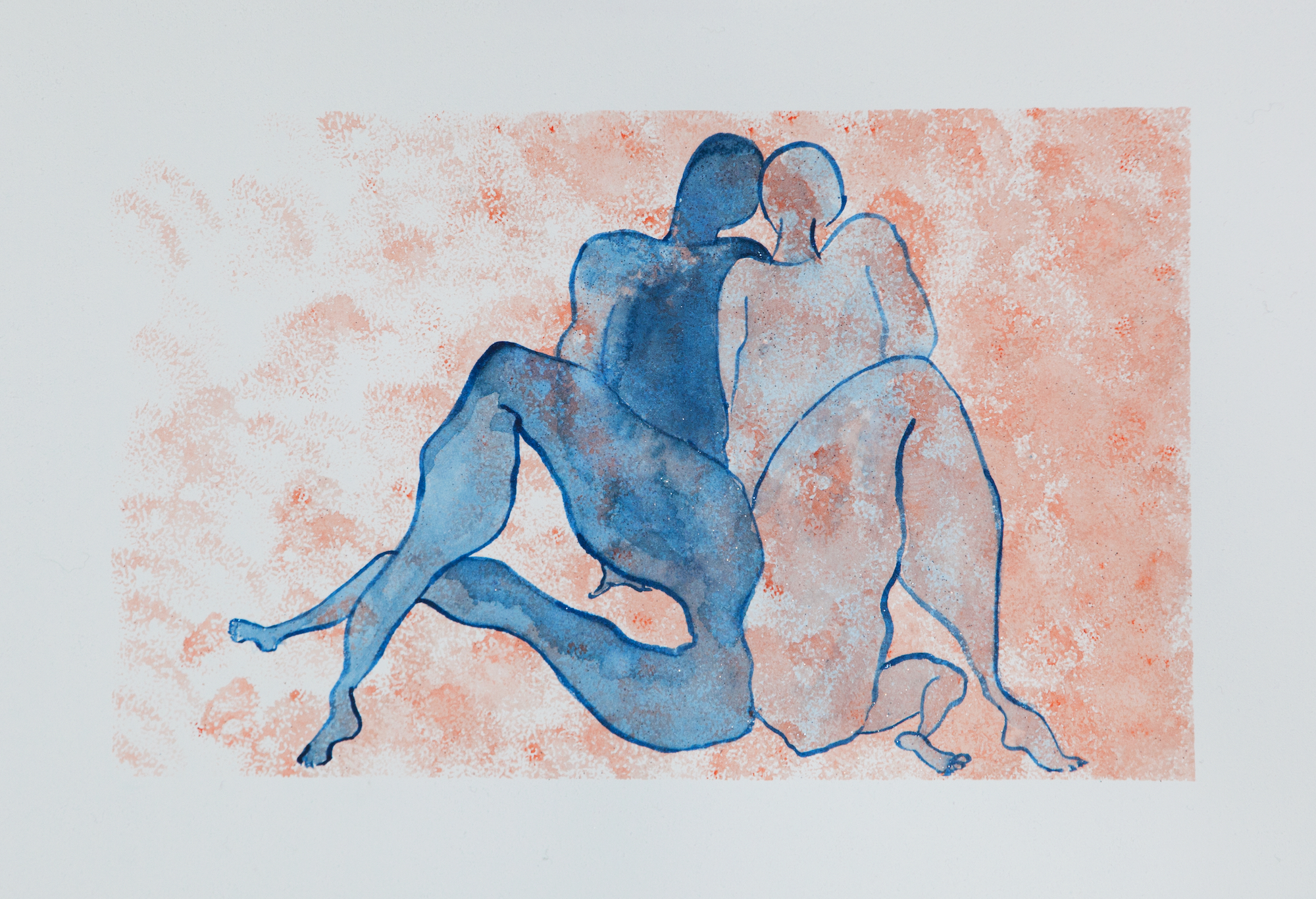 two seated blue bodies in light red background loosely watercolored