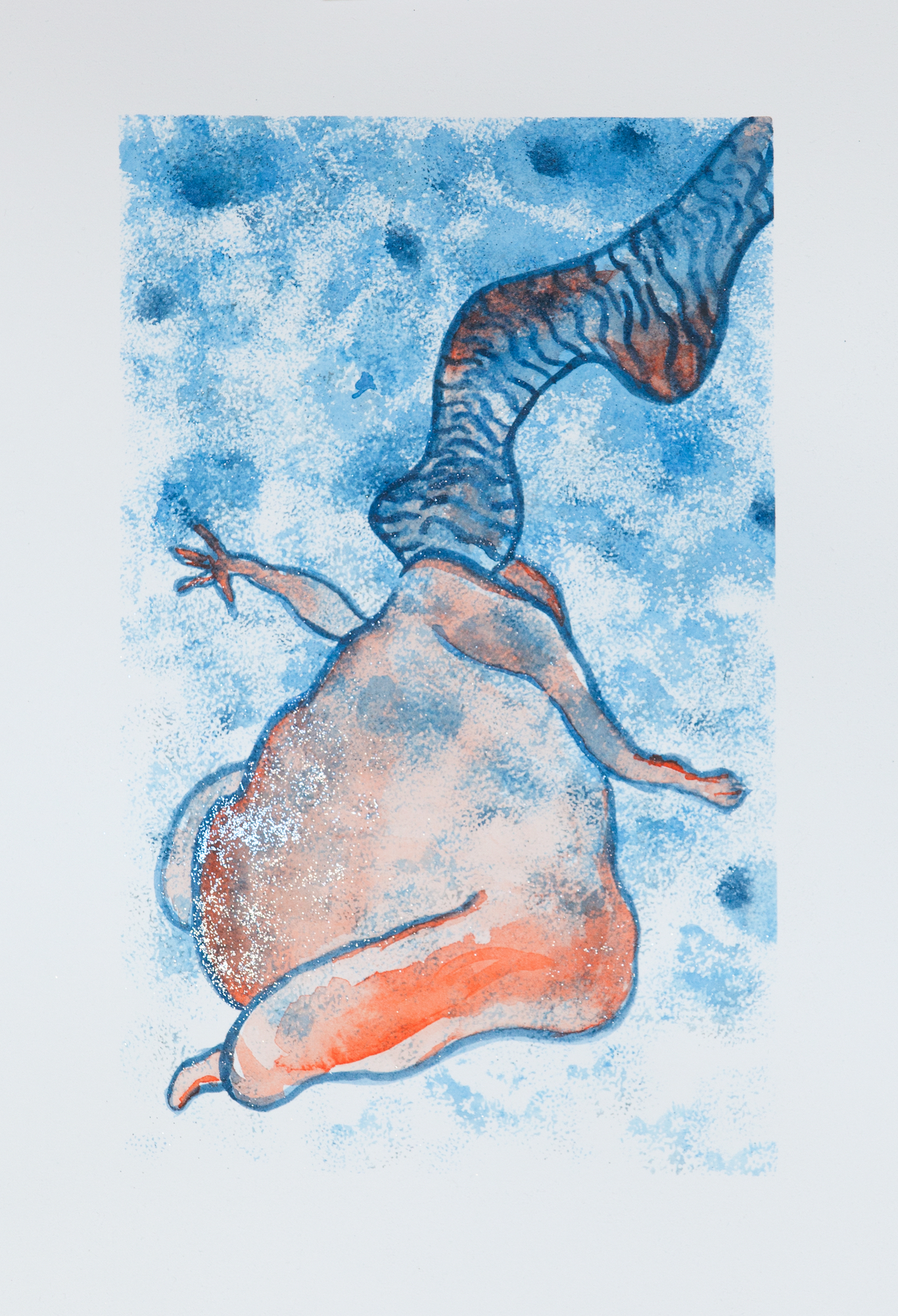 an abstracted large reddish body with long hair floats in blue background
