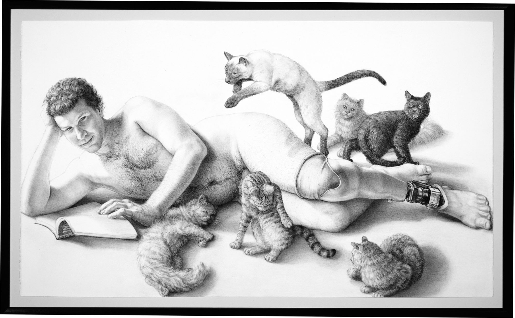 black and white drawing of a nude man with a prosthetic leg posing while lying down with a book open surrounded by six cats with different expressions