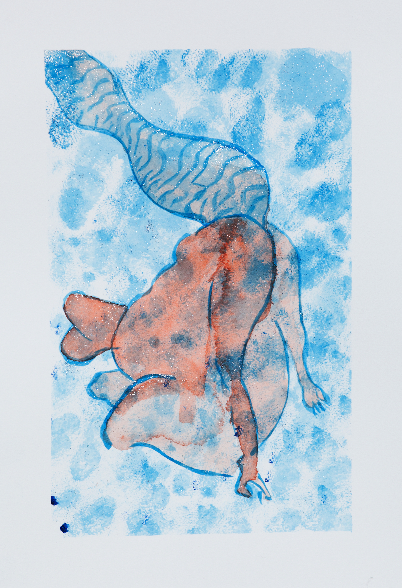 an abstracted large reddish body with long hair floats in blue background