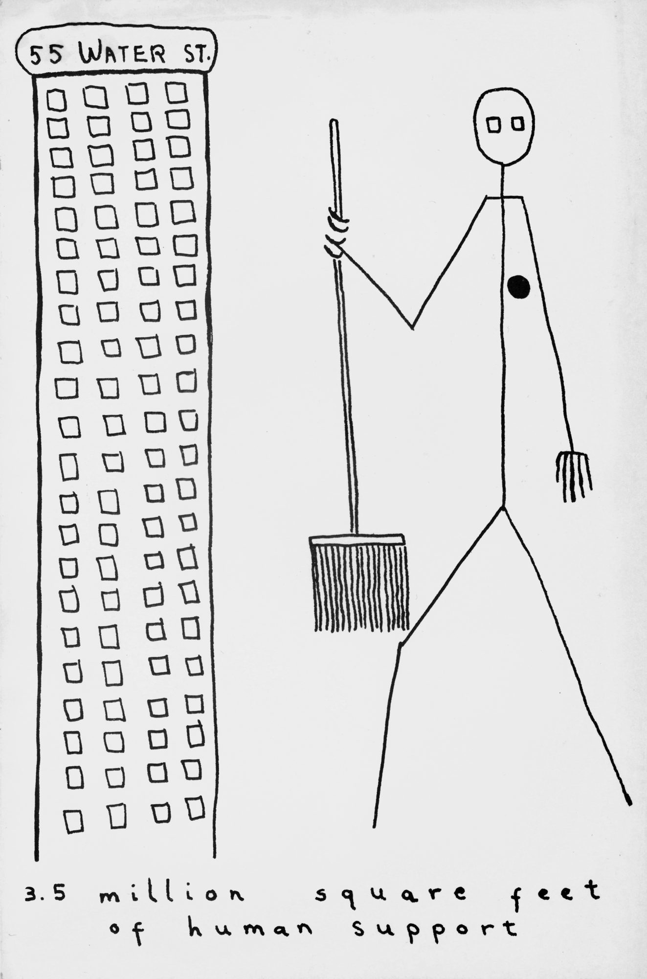 Drawing of figure holding rake next to city building with text below.