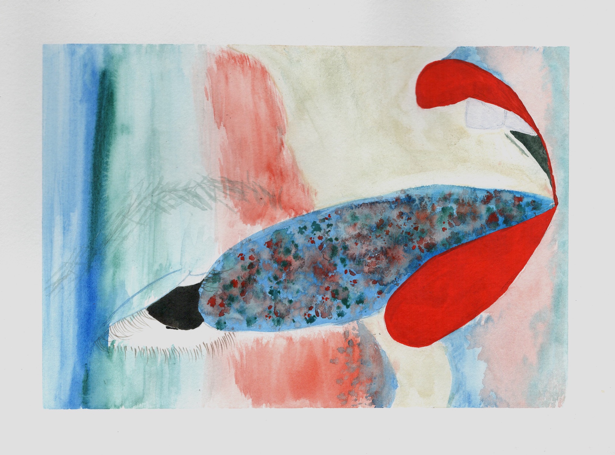 abstracted watercolor forms in blue and red