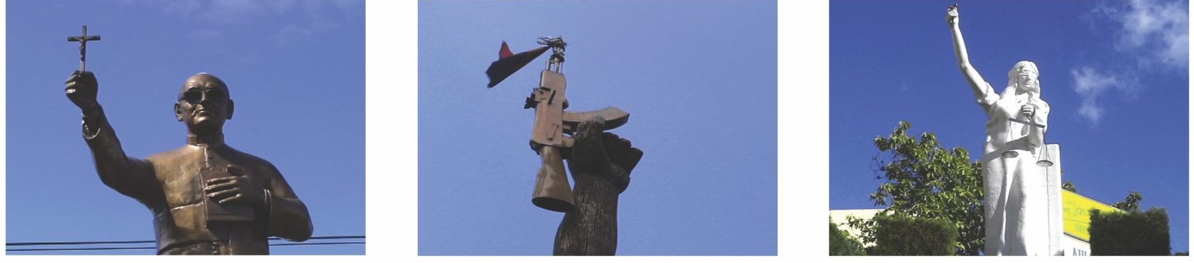 A triptych of images, each displaying a statue with a raised arm holding an object, each statue set against a blue sky background