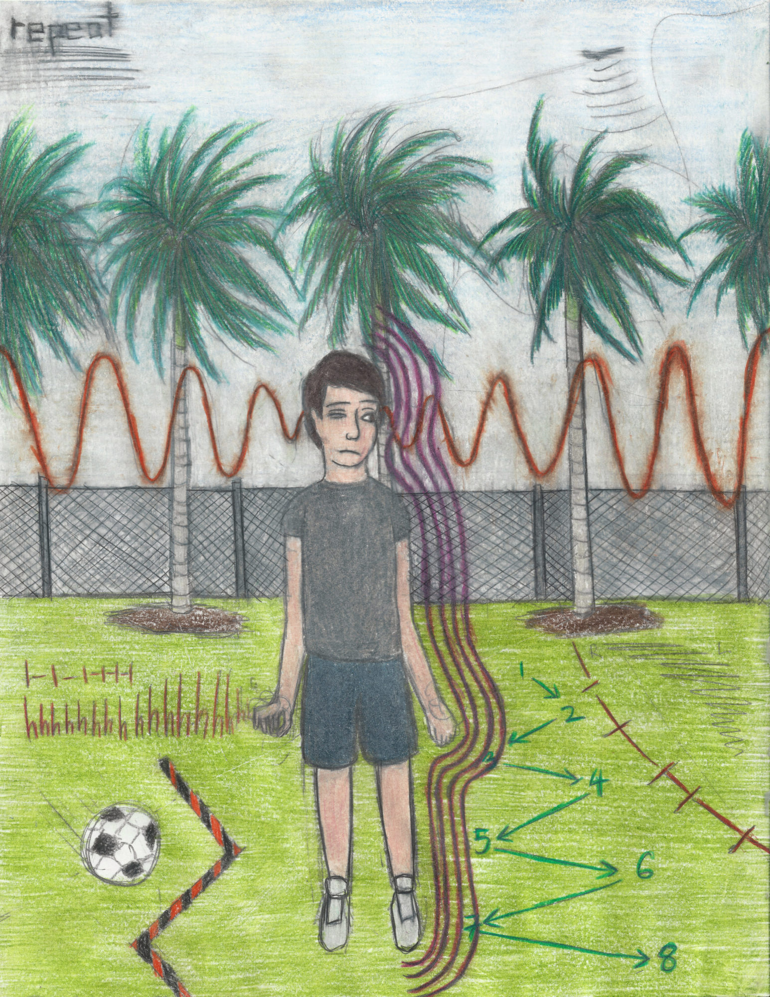 color drawing of a boy standing on a field with palm trees in background