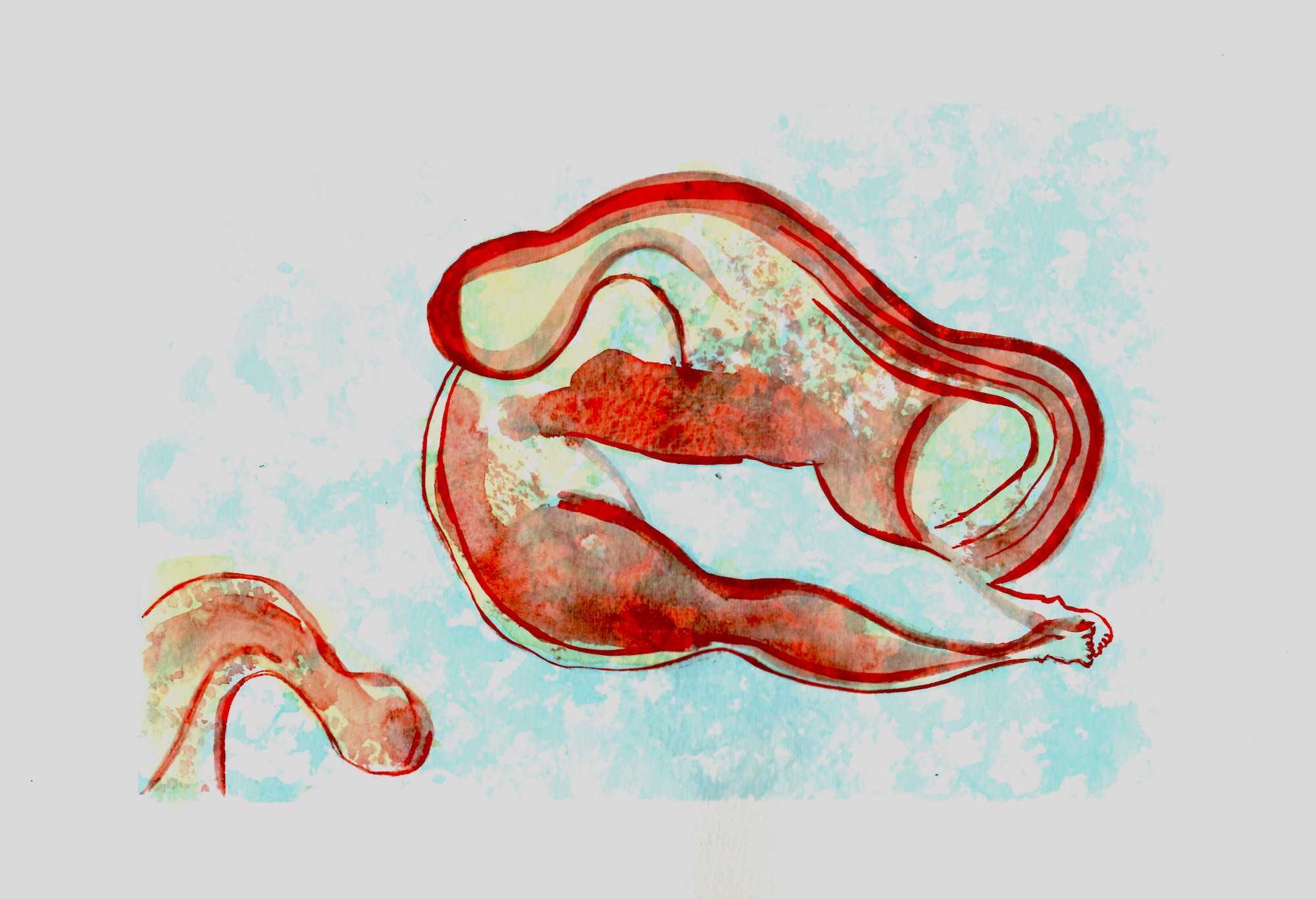 a red abstracted body watercolor with light blue atmosphere