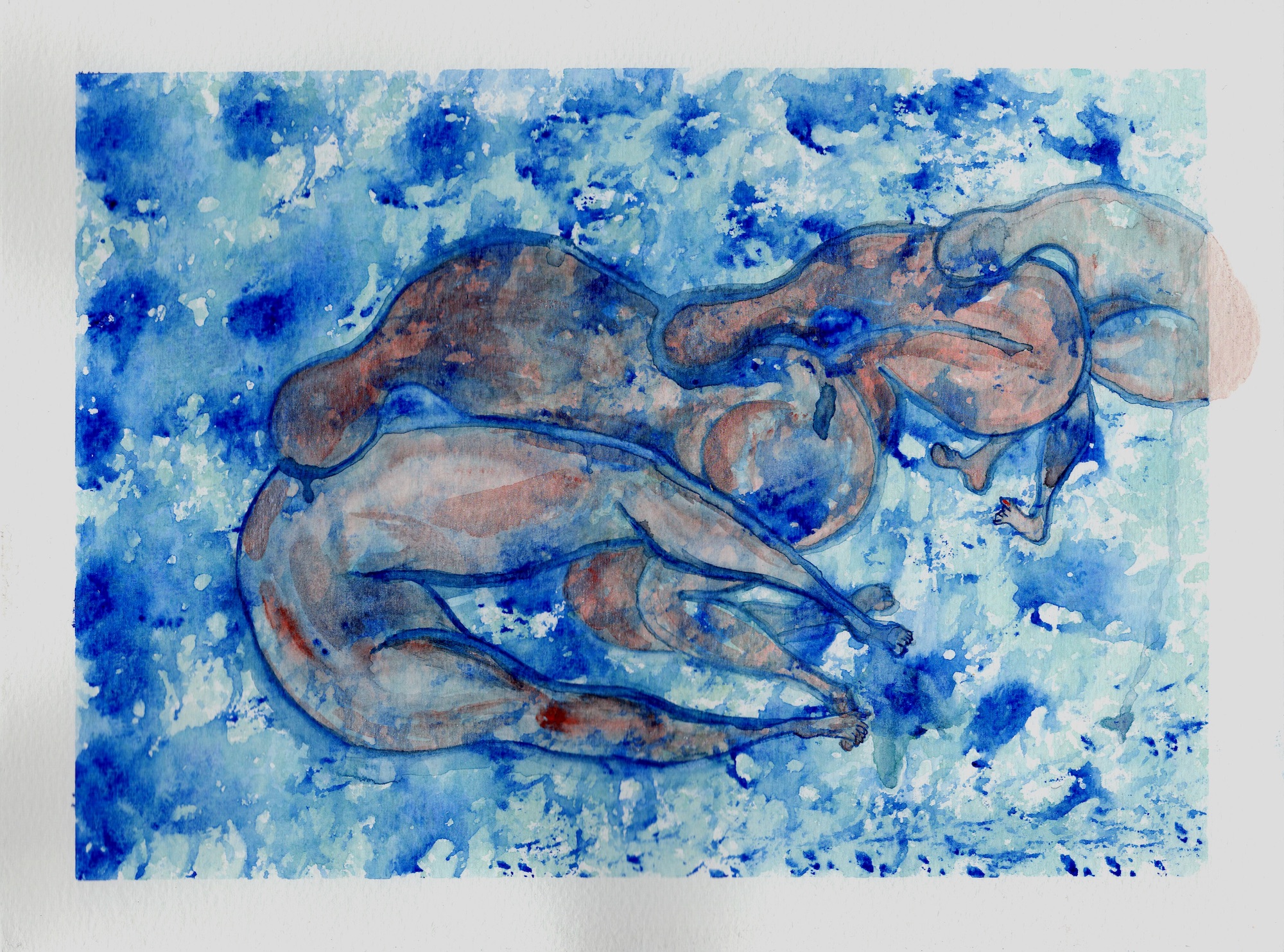 watercolor of abstracted bodies layered with a blue background
