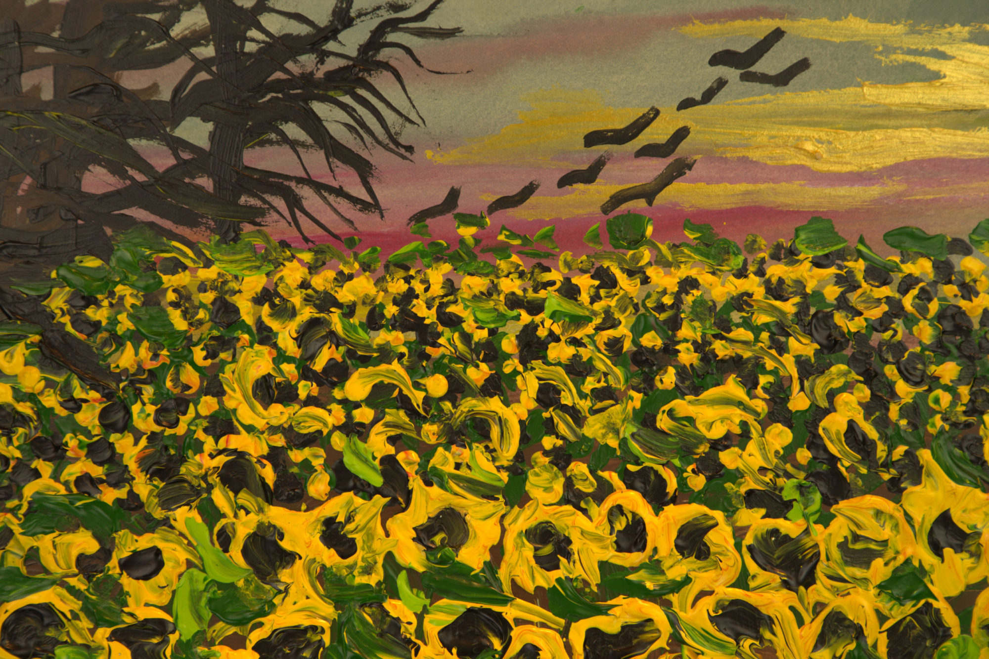 A landscape painting of a field of sunflowers.
