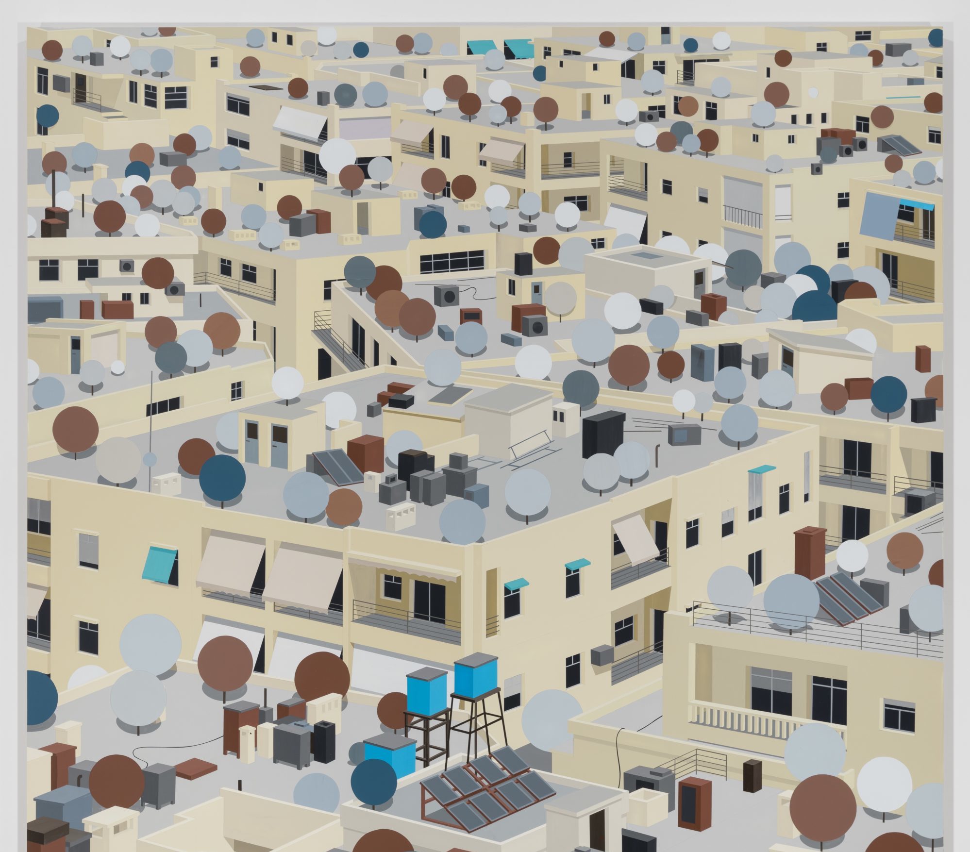 Depiction of the city Aleppo, with rooftops filled with satellite dishes.