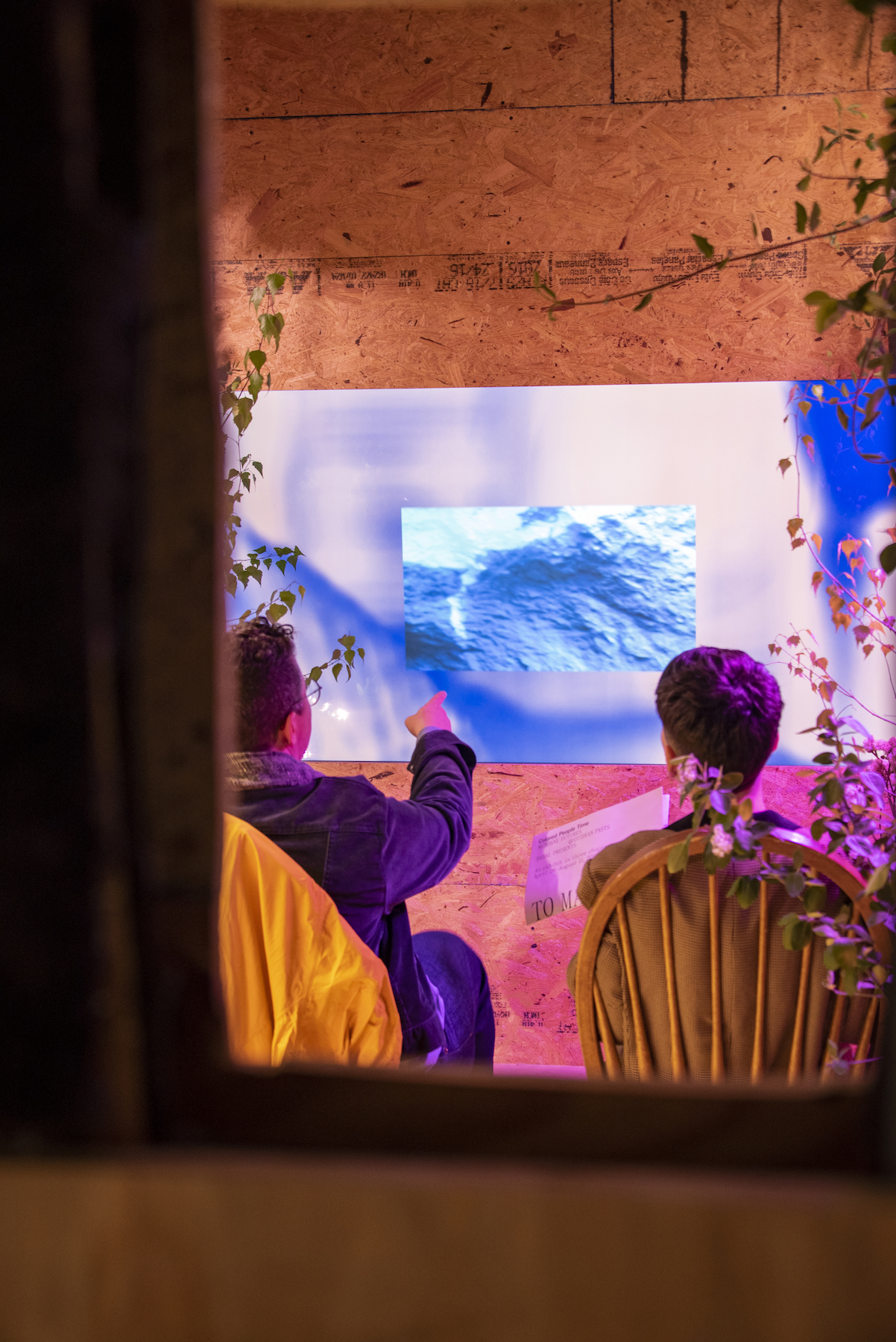 Two seated viewers watching a screen together within a plywood structure surrounded by plants