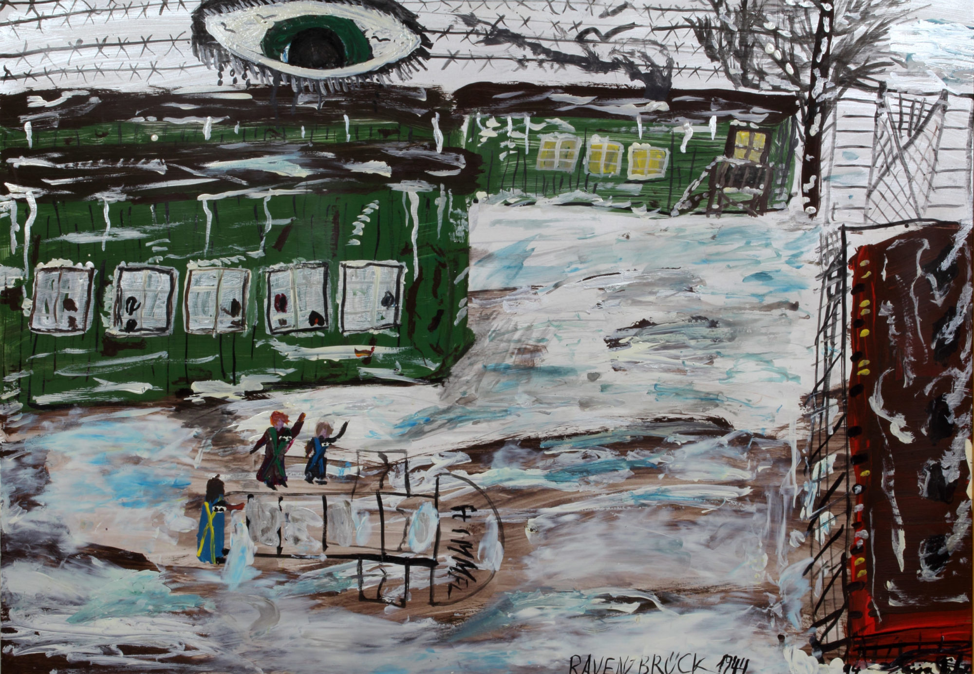 A winter scene painting depicting the all women‘s concentration camp at Ravensbrück.