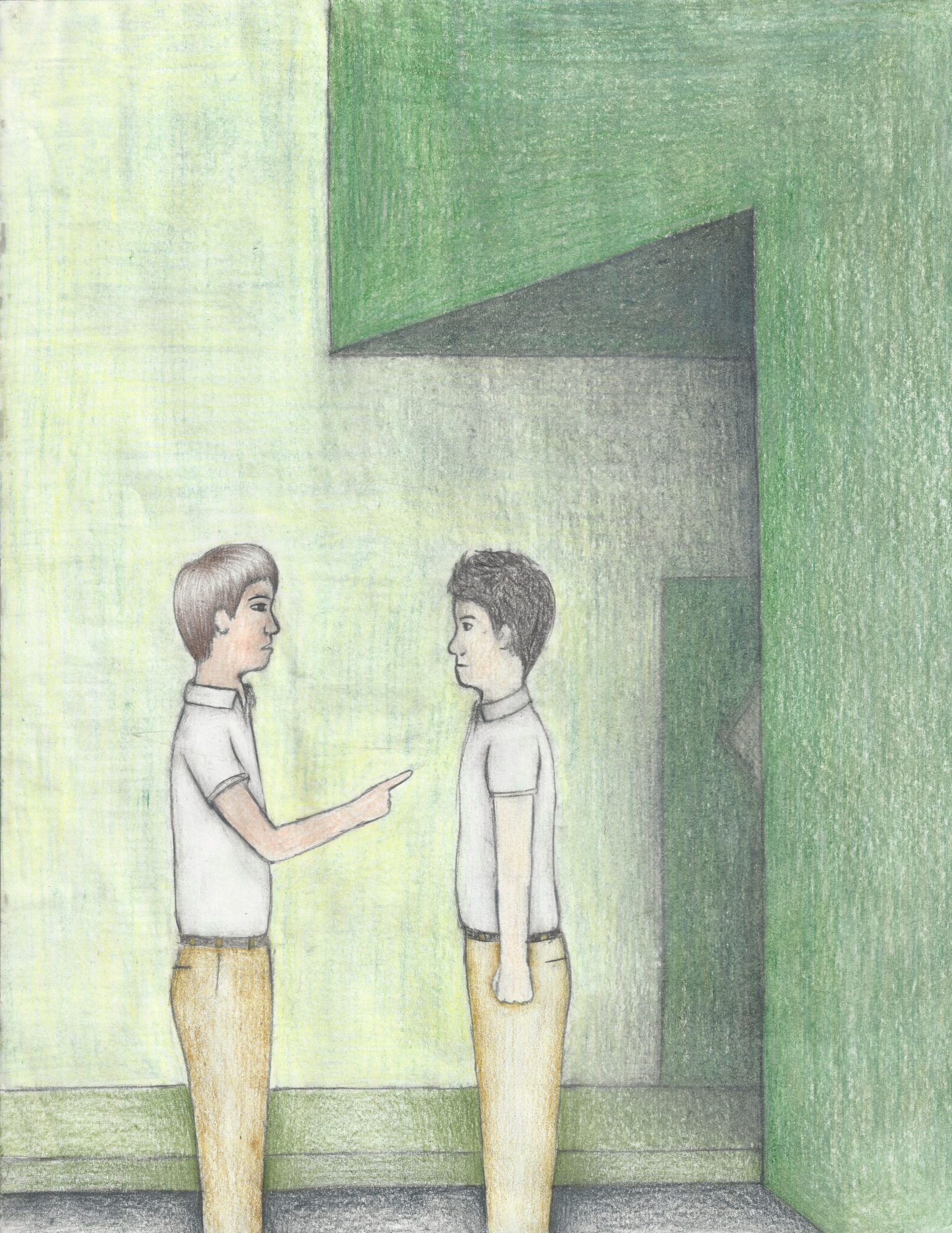 drawing of a boy facing and pointing at another boy in a green room