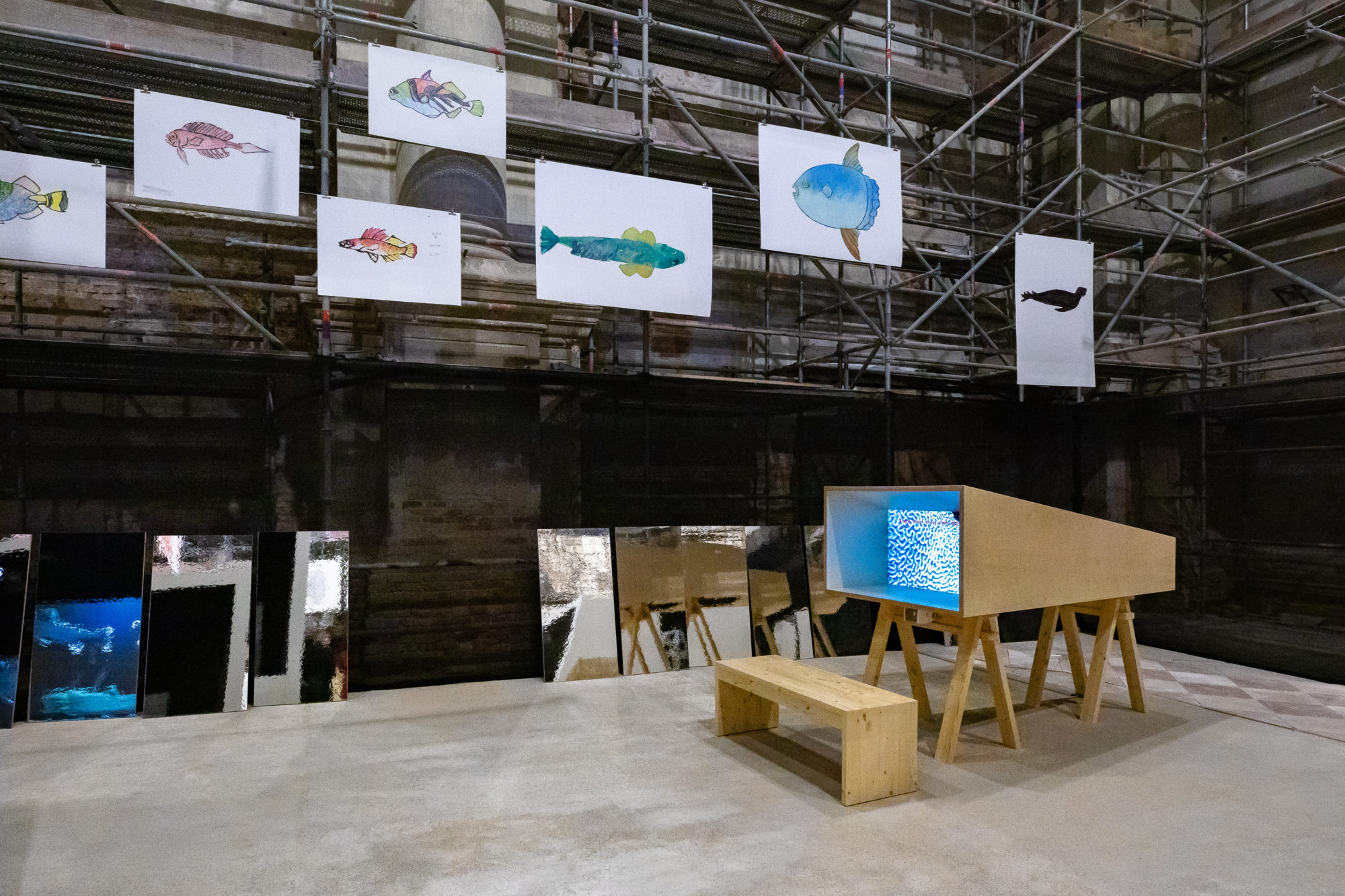 Installation view of fish paintings and a staticky tv.
