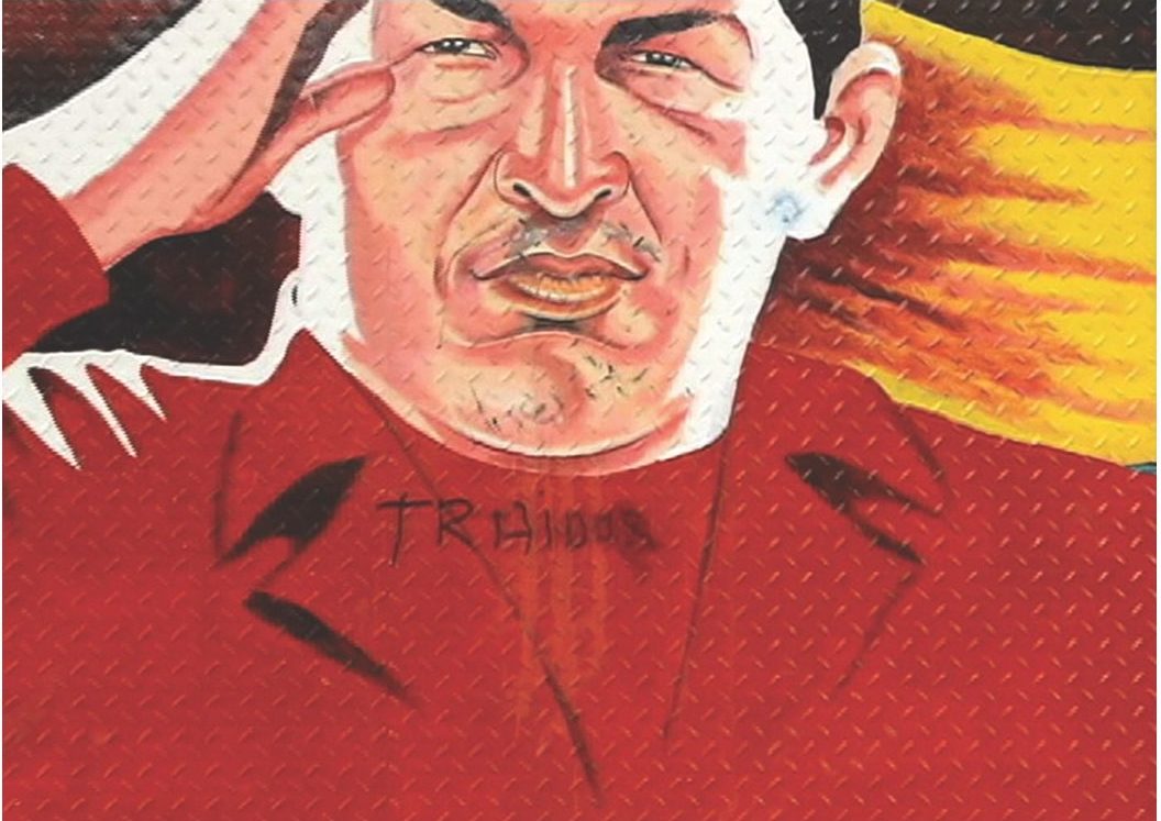A painted image of a front-facing figure saluting and wearing a red shirt and blazer
