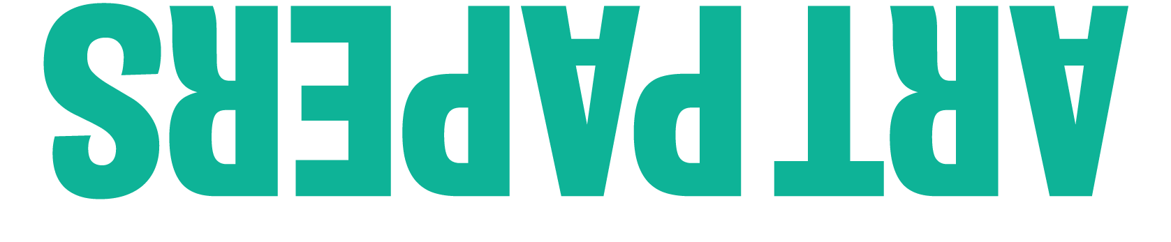 A turquoise green header that reads 'ART PAPERS', flipped only read from upside down.