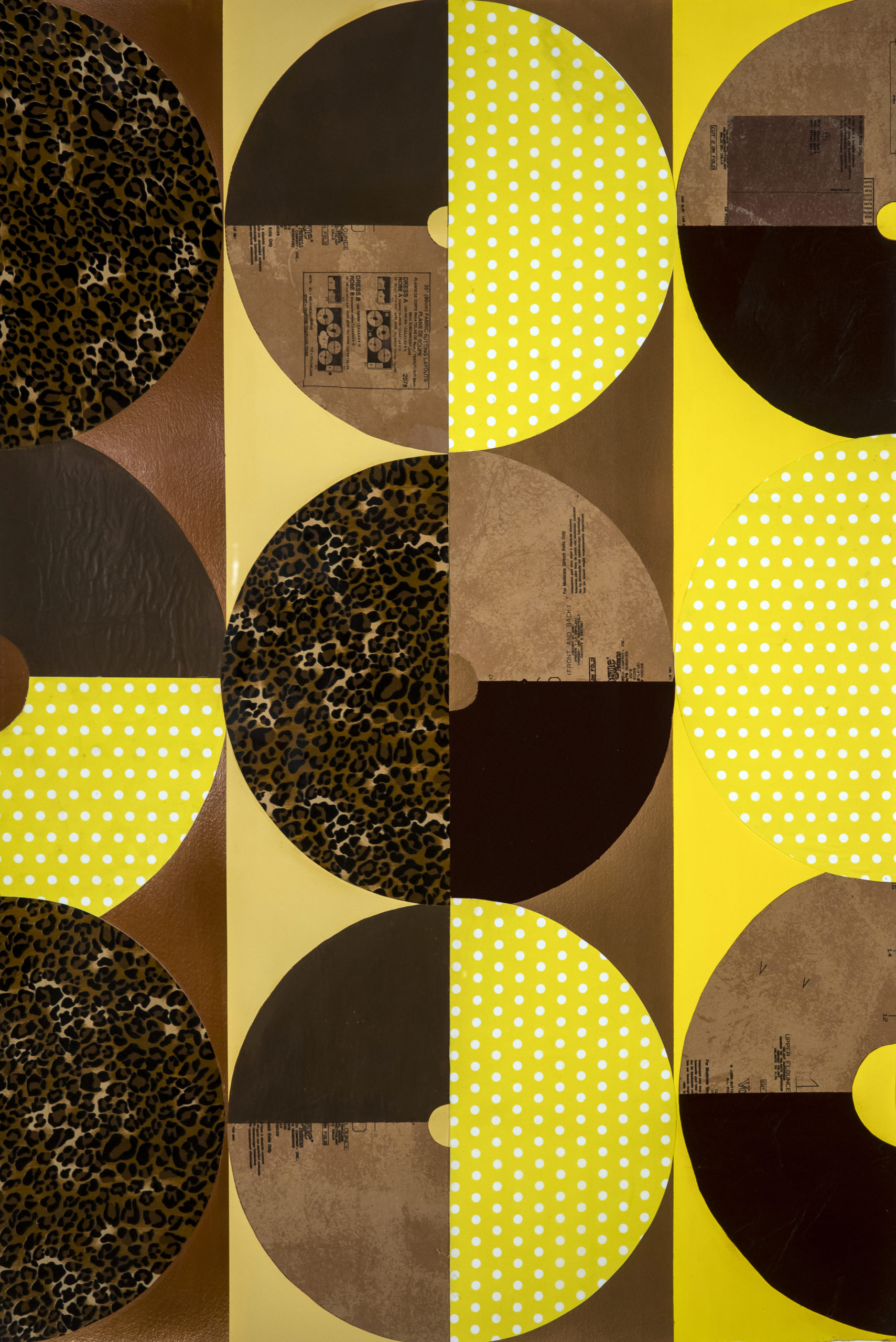 Image of different a circle pattern collage; inside are repeated brown, polka-dotted yellows, and leopard print