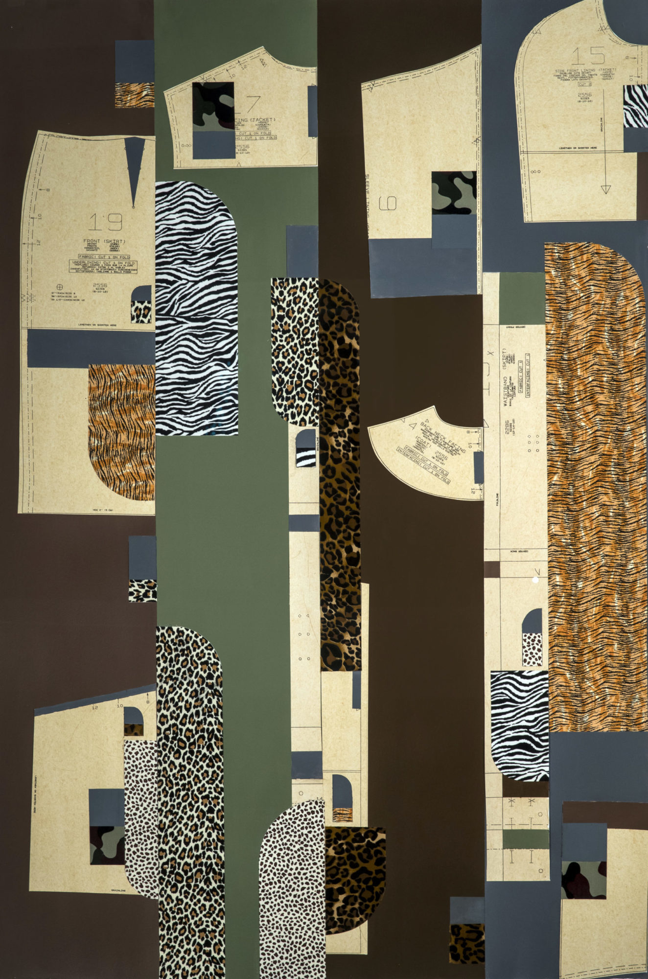 Multi-pattern work by Derrick Adams in natural tones and animal print