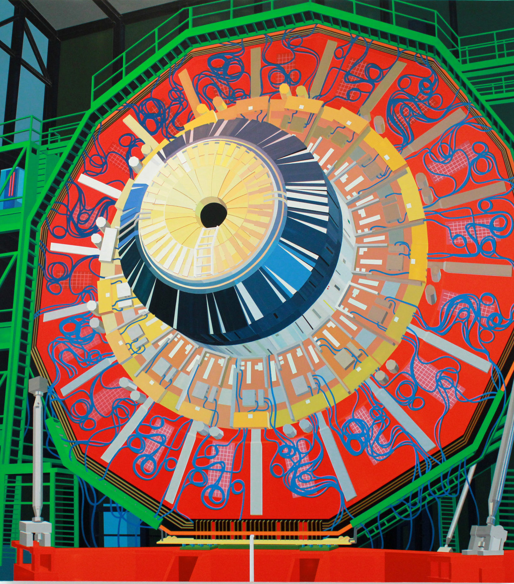 Depiction of a colorful (red, blue, yellow, green) collider, a large circular object.