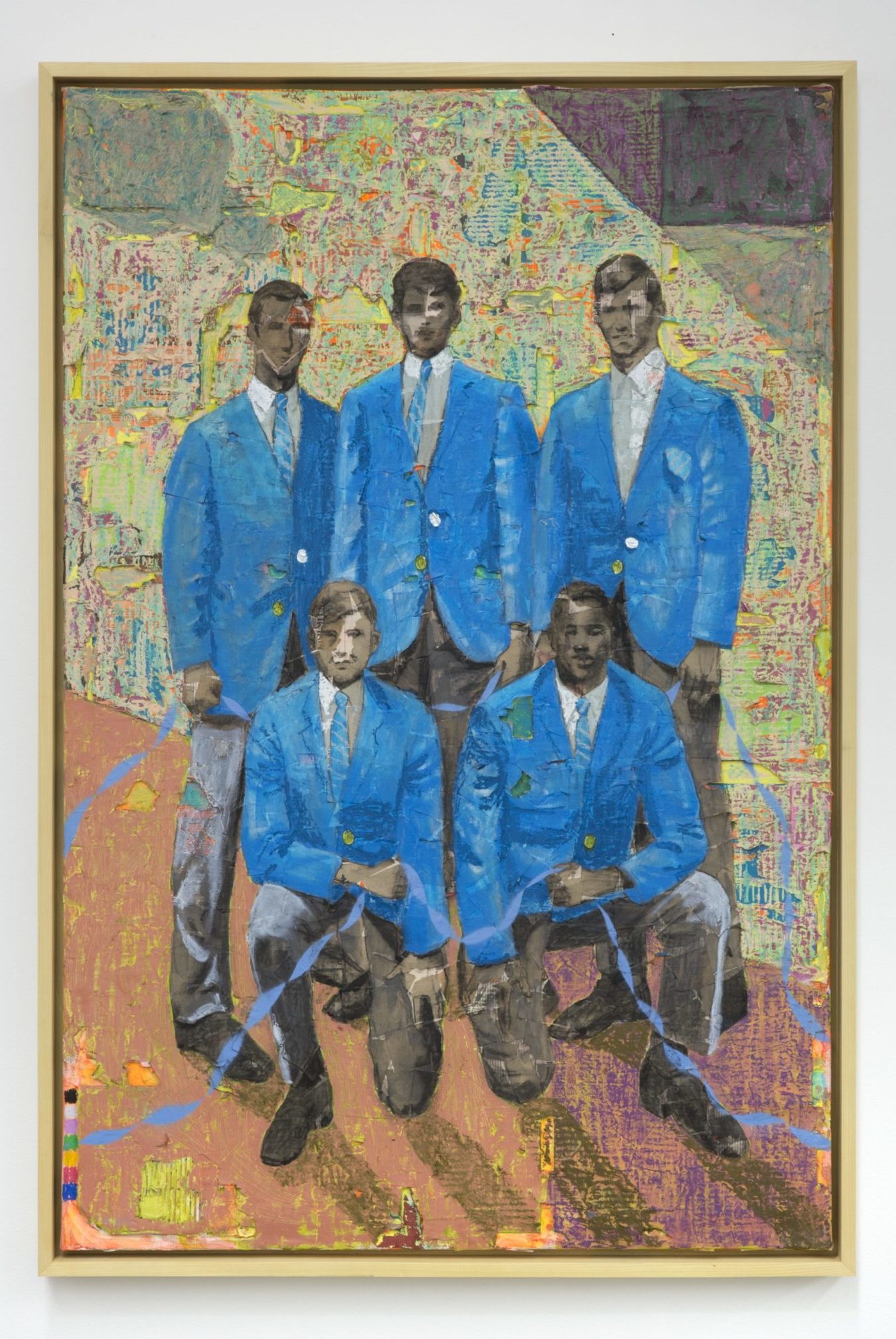 A painting of five individuals posing for a group photo. They are dressed in bright blue suit jackets and ties. None are smiling. Their hands are balled up into fists, each fist holding onto a circular blue ribbon that connects the five individuals in a loop.