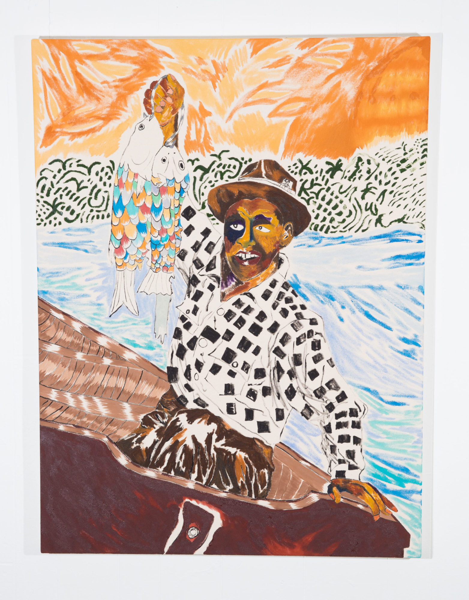 A figure holds two fish aloft in one hand. The background is an abstracted seascape of orange, blue, and black.