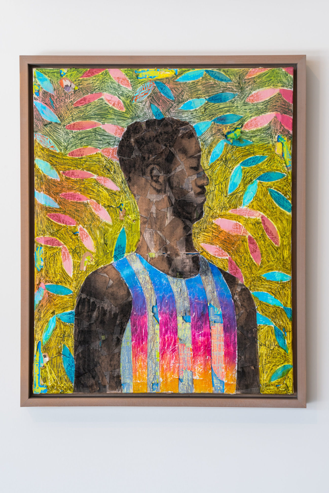 A painting of a Black man framed by a curtain of colorful olive branches. The man is shown in a side-on bust view.