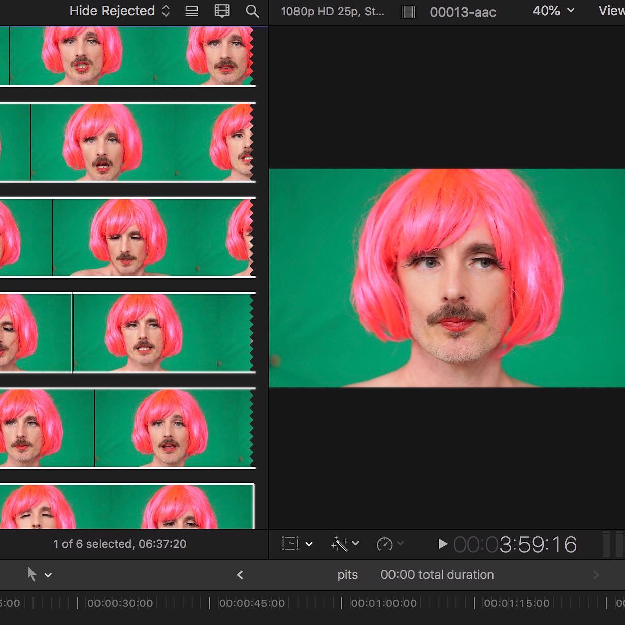 Work process screenshot of Dickie Beau wearing a bright pink wig, appearing multiple times on screen in different slides, looking into the camera mid-speech.