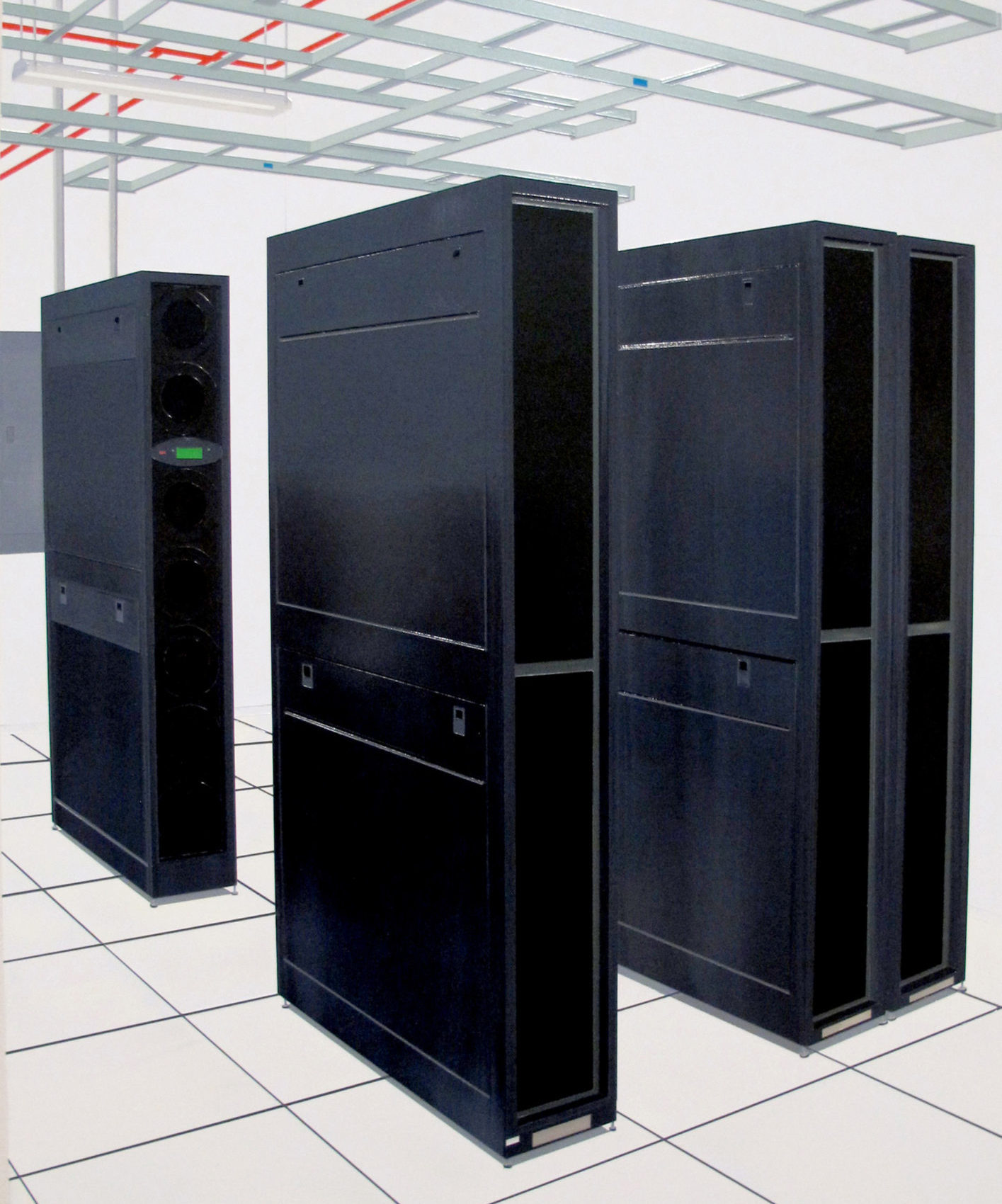 Depiction of large black servers (rectangular machines) in a white room with modernist design.