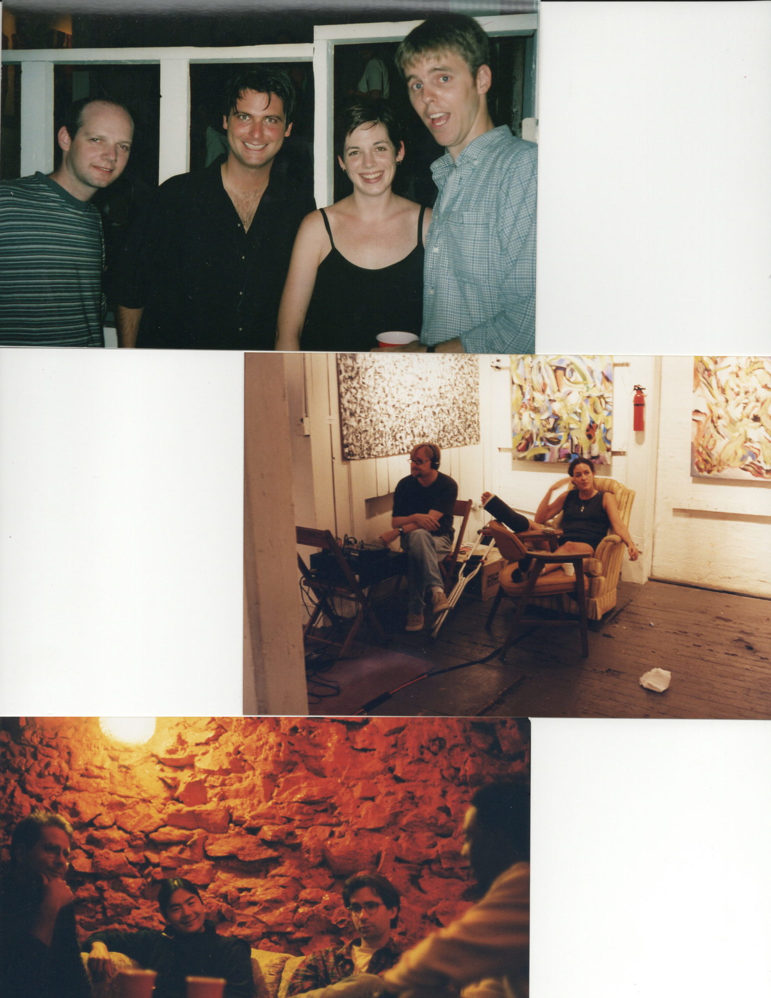 A collection of three photographs. In the top photo, four individuals are standing and smiling. In the middle photograph, two individuals sit in folding chairs with art behind them. The bottom most image includes four individuals sitting in front of a burnt orange wall.