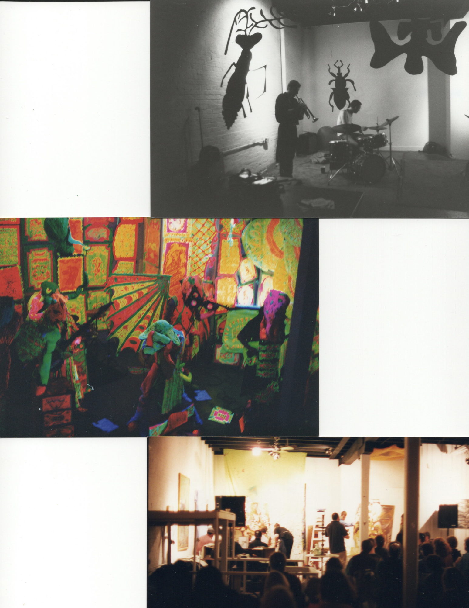 A collection of three photographs. The top photo is black and white and depicts hanging insects and musicians performing in the space. The middle photograph is intensely colorful and the bottom depicts people standing and sitting in a gallery.