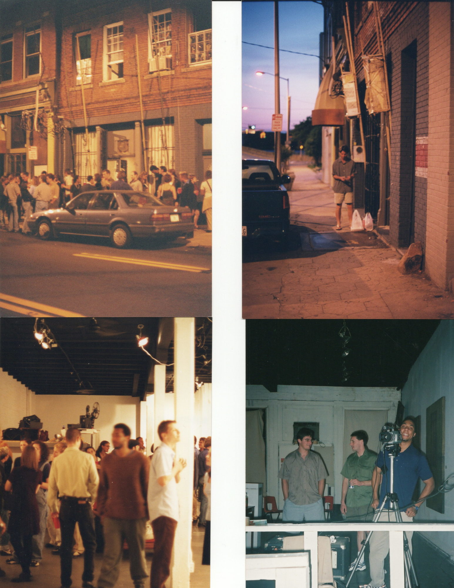 A collection of four photographs. The top two are of individuals standing around the exterior of a building. The bottom two depict individuals inside a gallery.