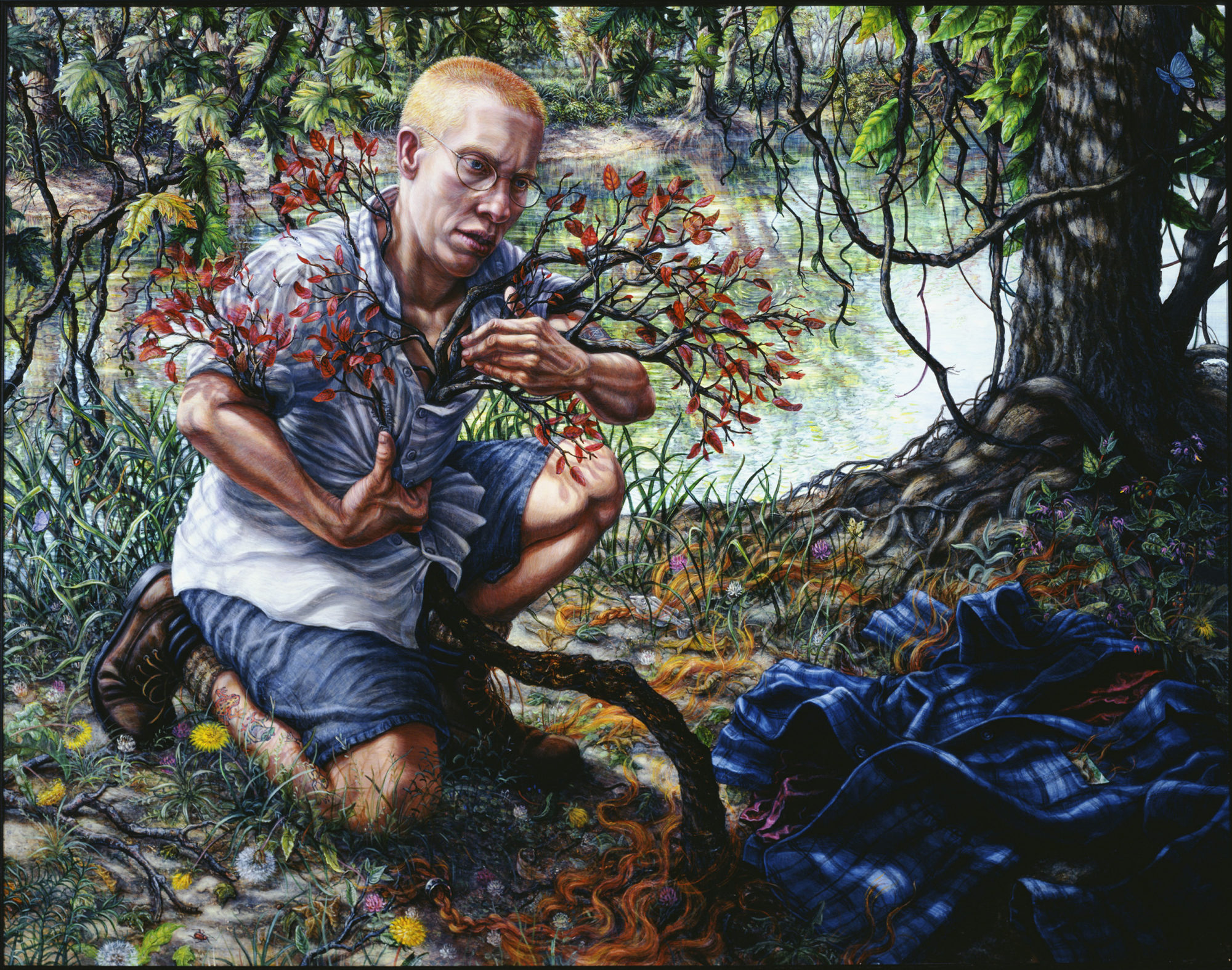 painting of man kneeling over in jungle setting with tree branches emerging from under his clothes, appear to be growing from his body