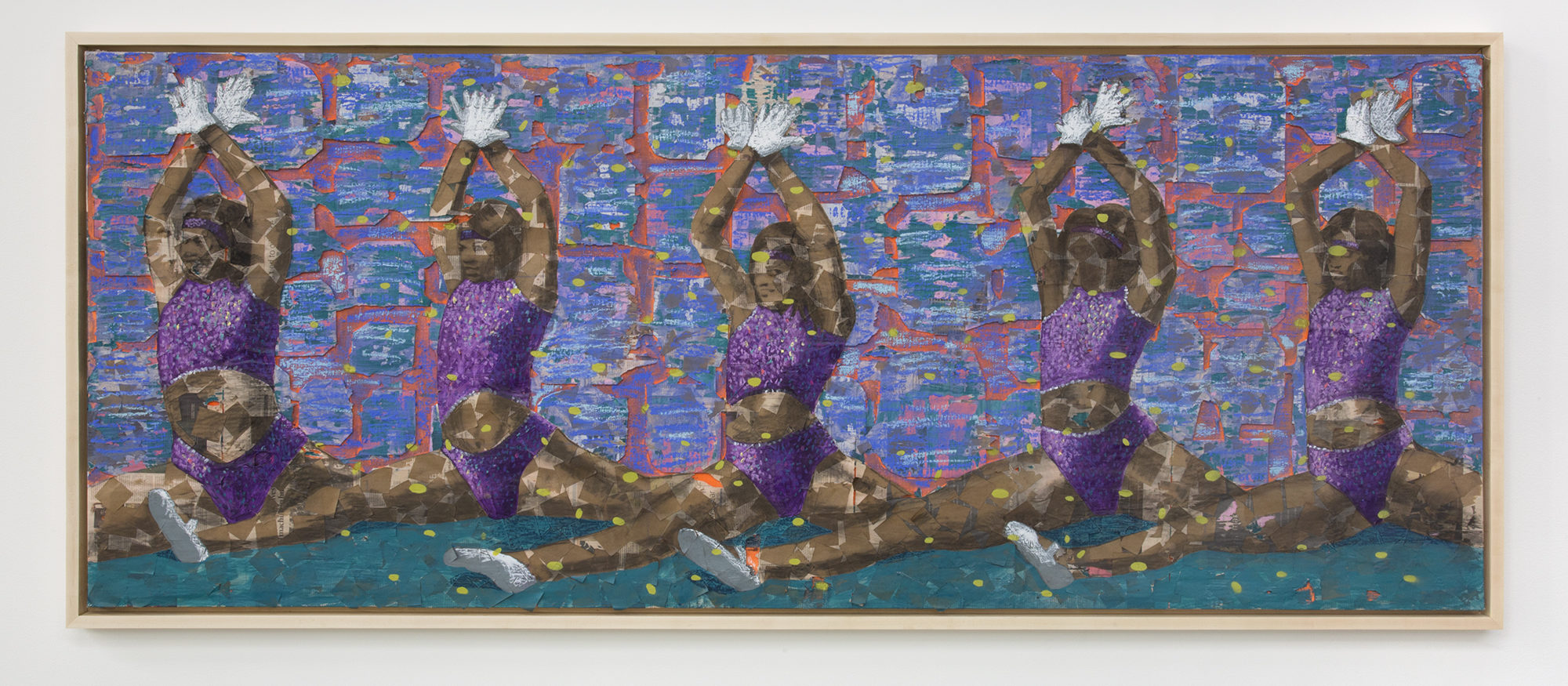 A painting of five nearly identical athletes doing splits. They are wearing skin-tight purple clothing, white gloves and white shoes. Yellow specks dot the canvas, which is a combination of blues, greens, pinks and purples.