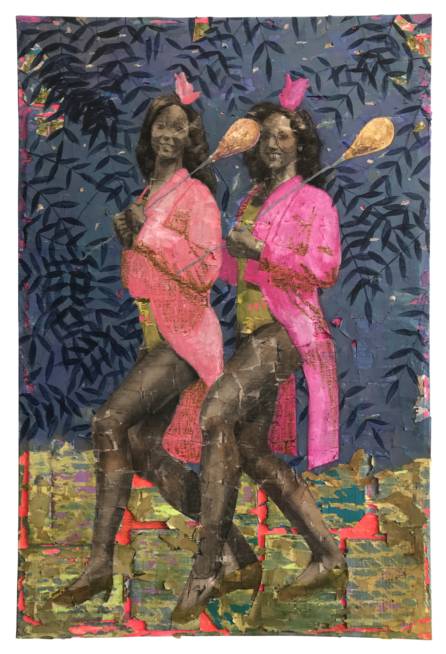 A painting of two people posing identically, dressed in pink jackets, mustard shorts and heels with bright pink flowers in their hair. The pink contrasts sharply with the navy leaves in the background.