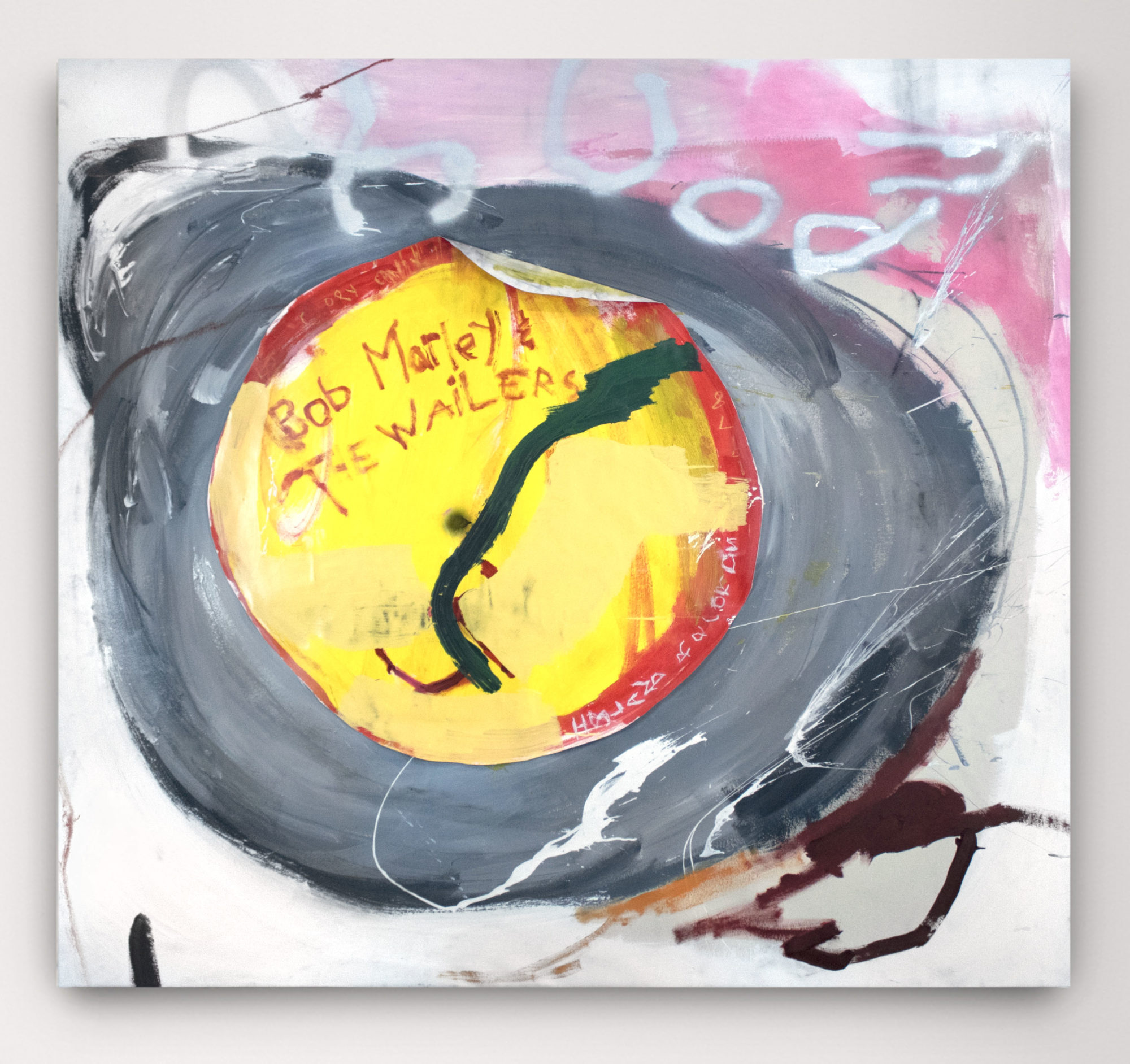 Image of 'Crisis (DJ Copy) by Sahlehe. The image consists of a circular field of gray surrounding a circular field of yellow and red containing the words 'Bob Marley & The Wailers'