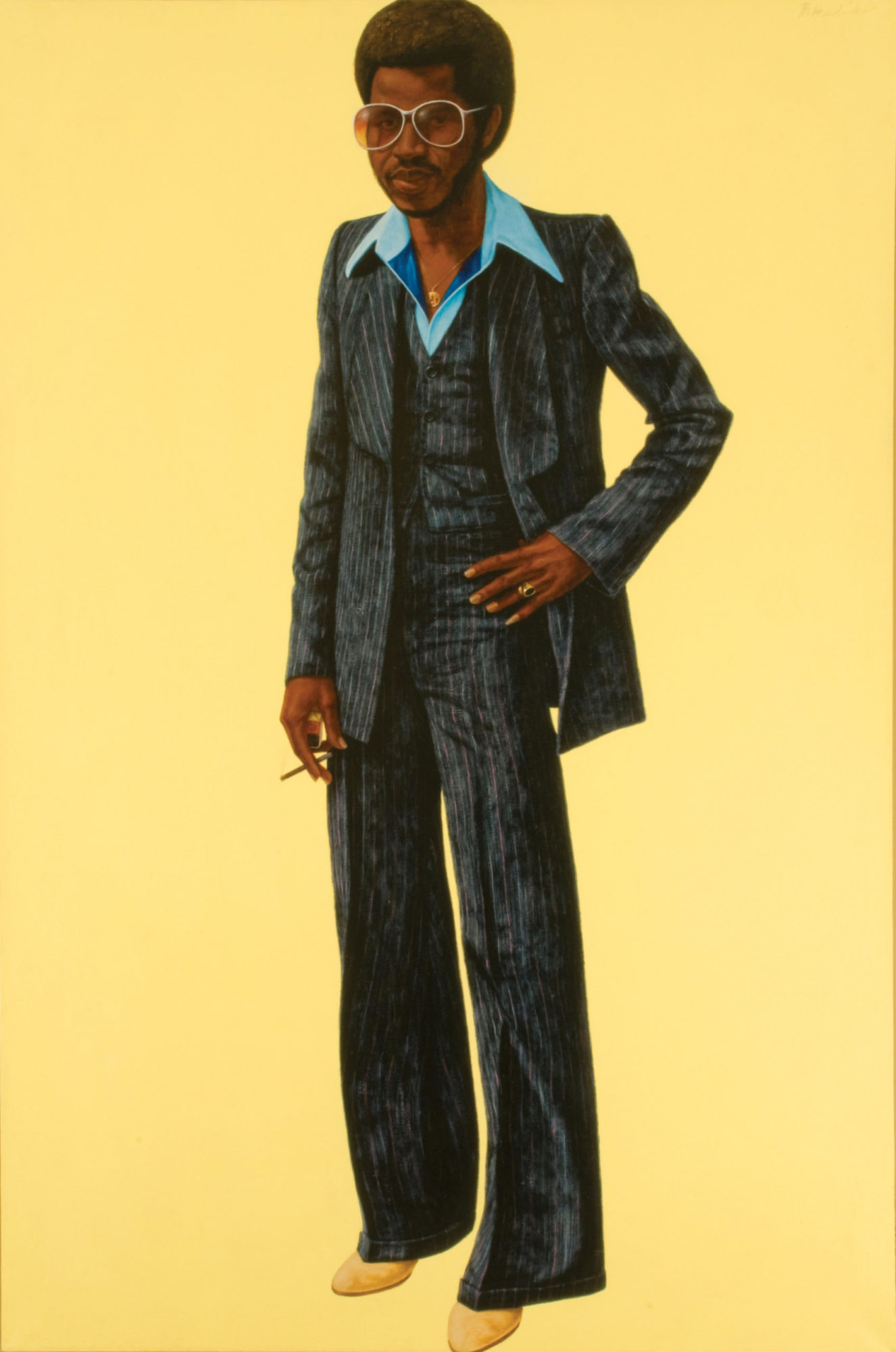 A fullbody portrait of a stereotypical 'pimp' wearing tinted aviators, a pinstripe suite with a wide-collared shirt underneath, a gold chain and ring on a bright yellow background