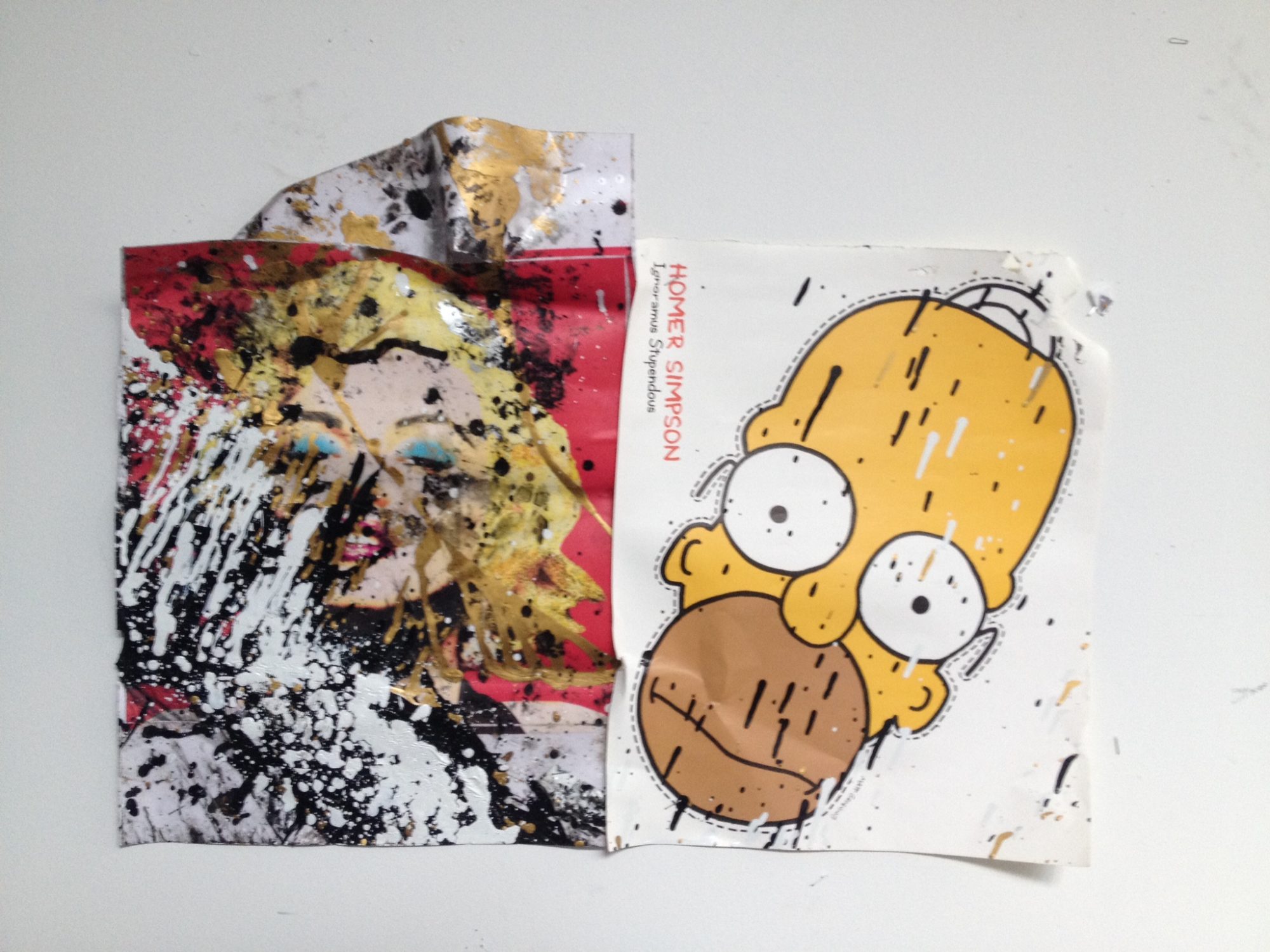 Photograph of yellow man cartoon (homer simpson) pasted together with photograph of blond woman (marilyn monroe).