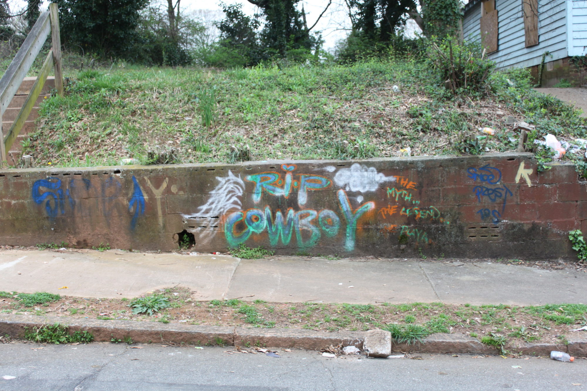 A low-rising concrete wall features green and white graffiti that reads 
