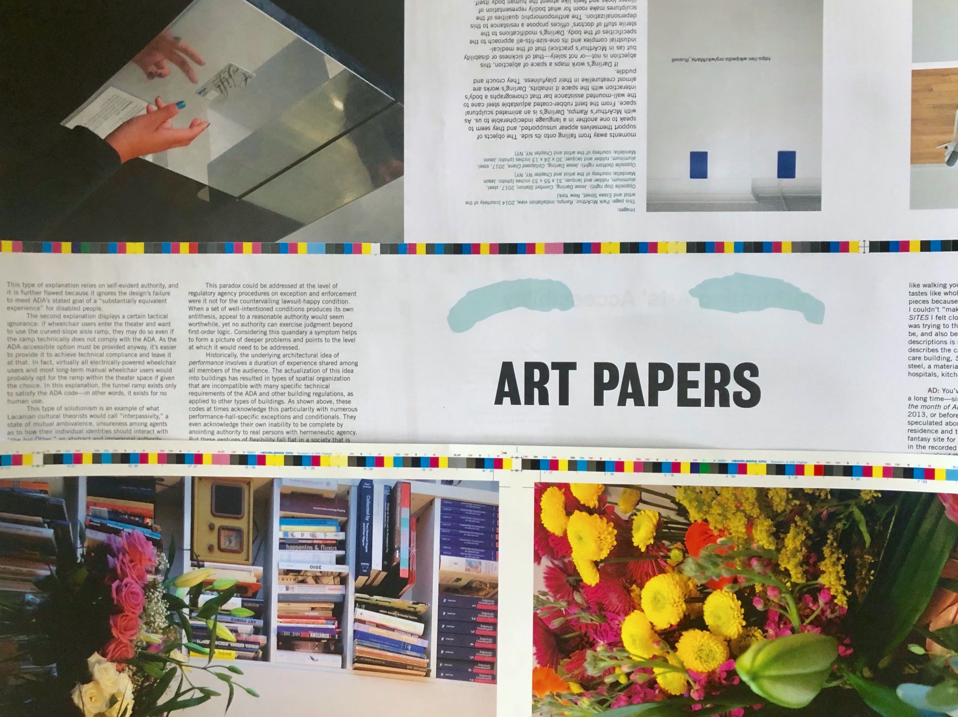 Raw proofs of ART PAPERS magazine with text and pictures formatted on the white page.