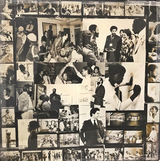 A black and white collage of several small photographs of individuals and installation views at Neighborhood Arts Center.