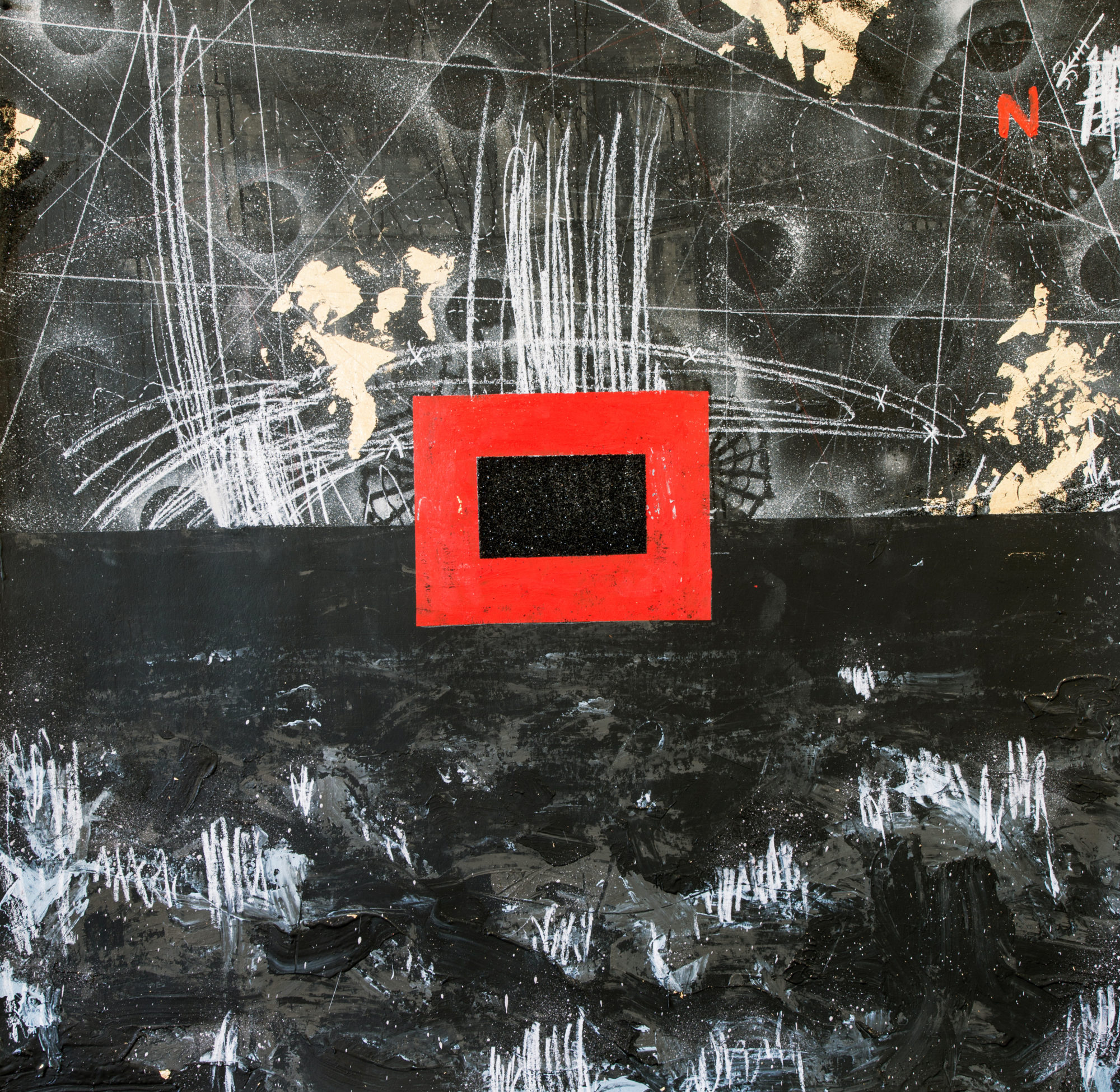 A multi-media work containing black and white elements, gold-leaf and a black rectangle surrounded by a red rectangle in the center