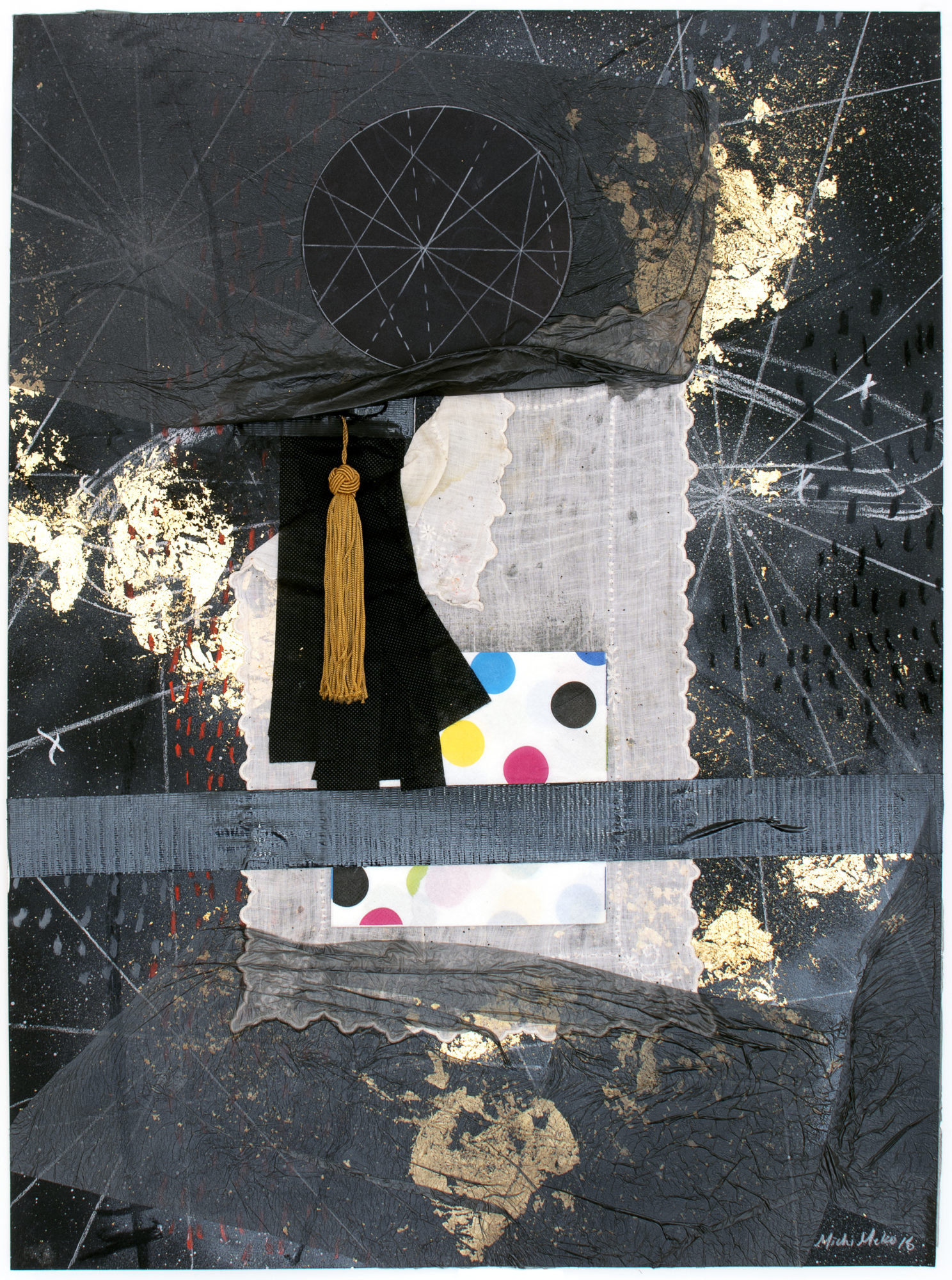 A multi-media work containing black and white elements, gold leaf and a yellow-orange tassel