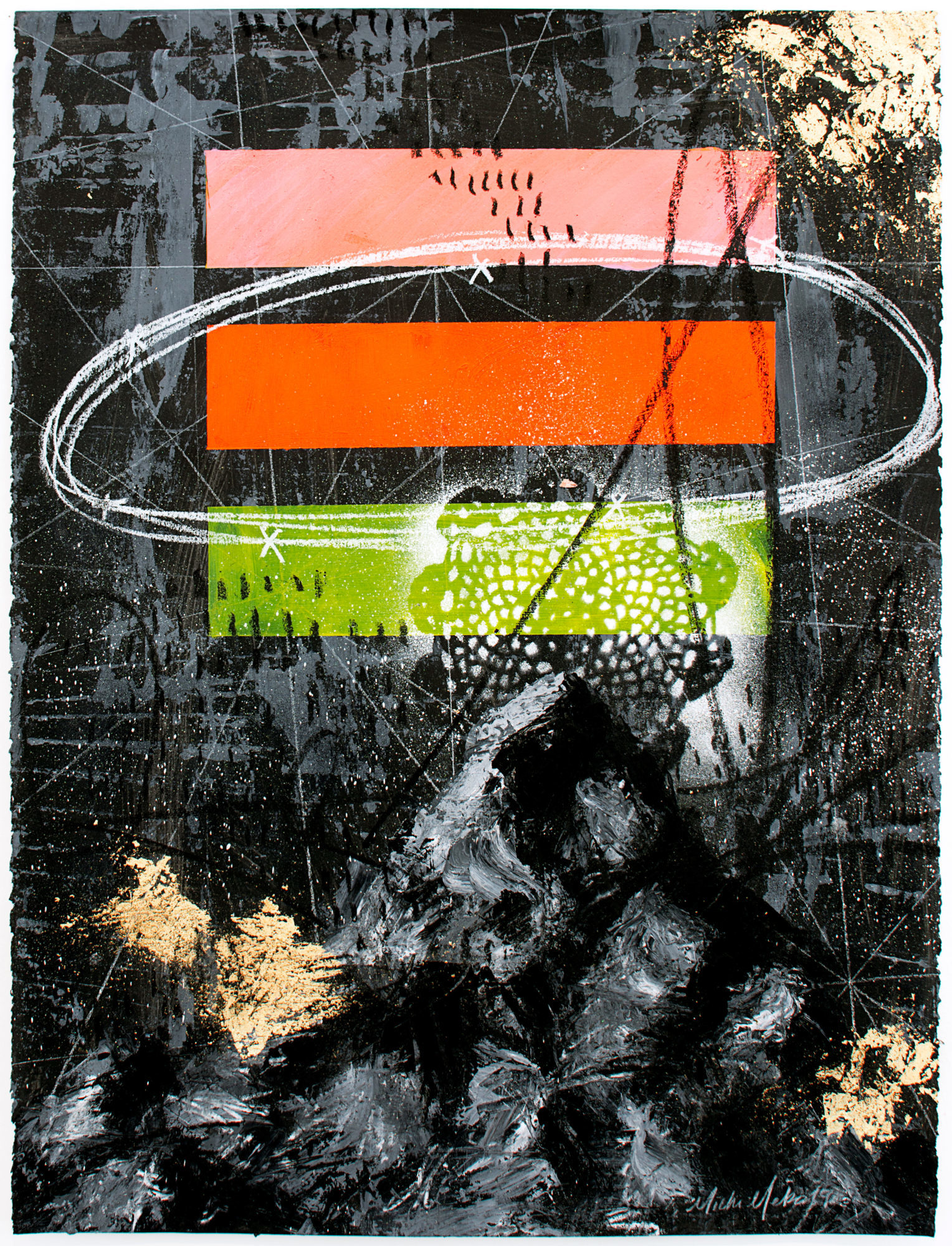 A multi-media work containing black and white elements, gold leaf and three horizontal rectangles of color in the upper-right portion