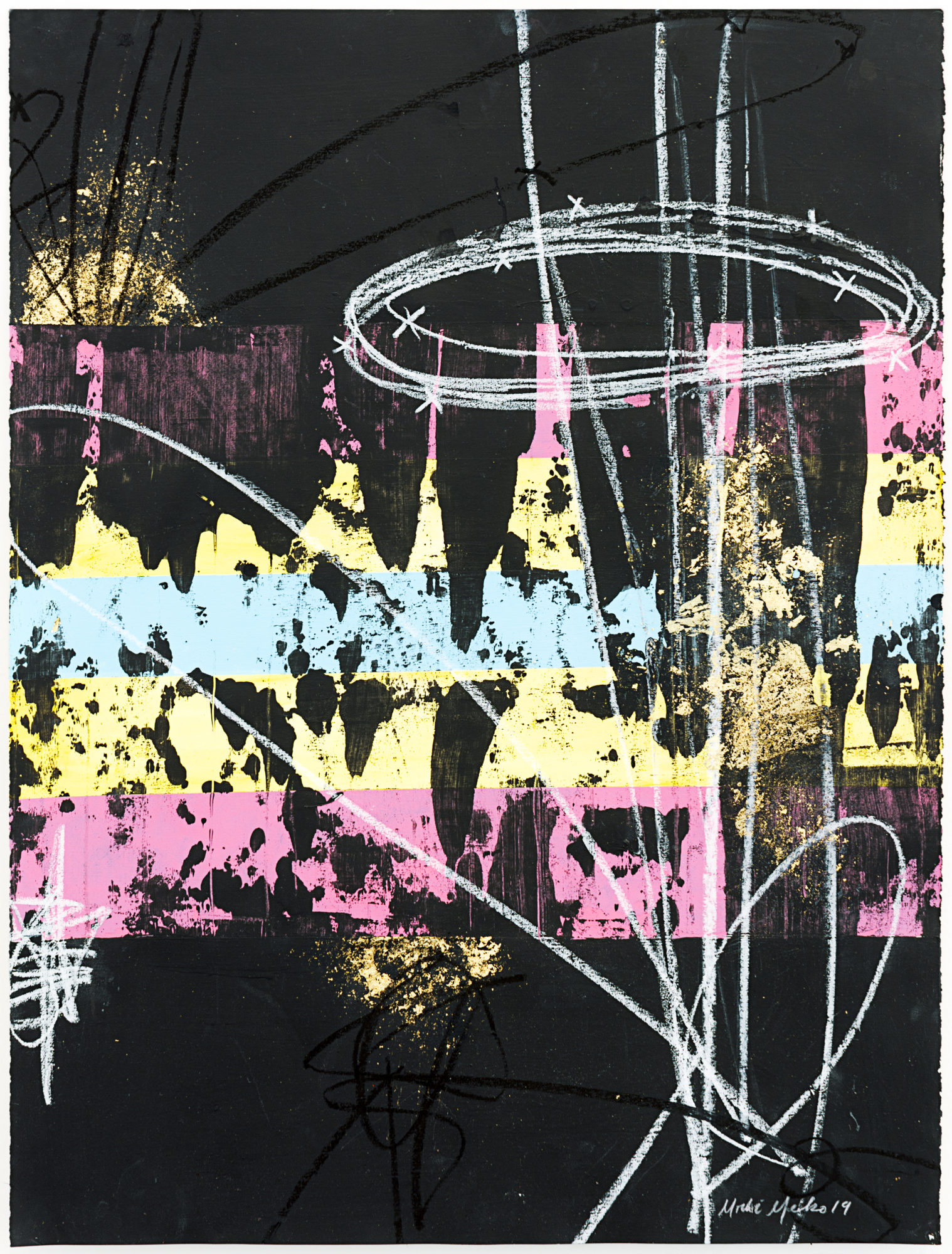 A multi-media work containing black and white elements, gold leaf and a series of horizontal bands of color stretching across its entirety