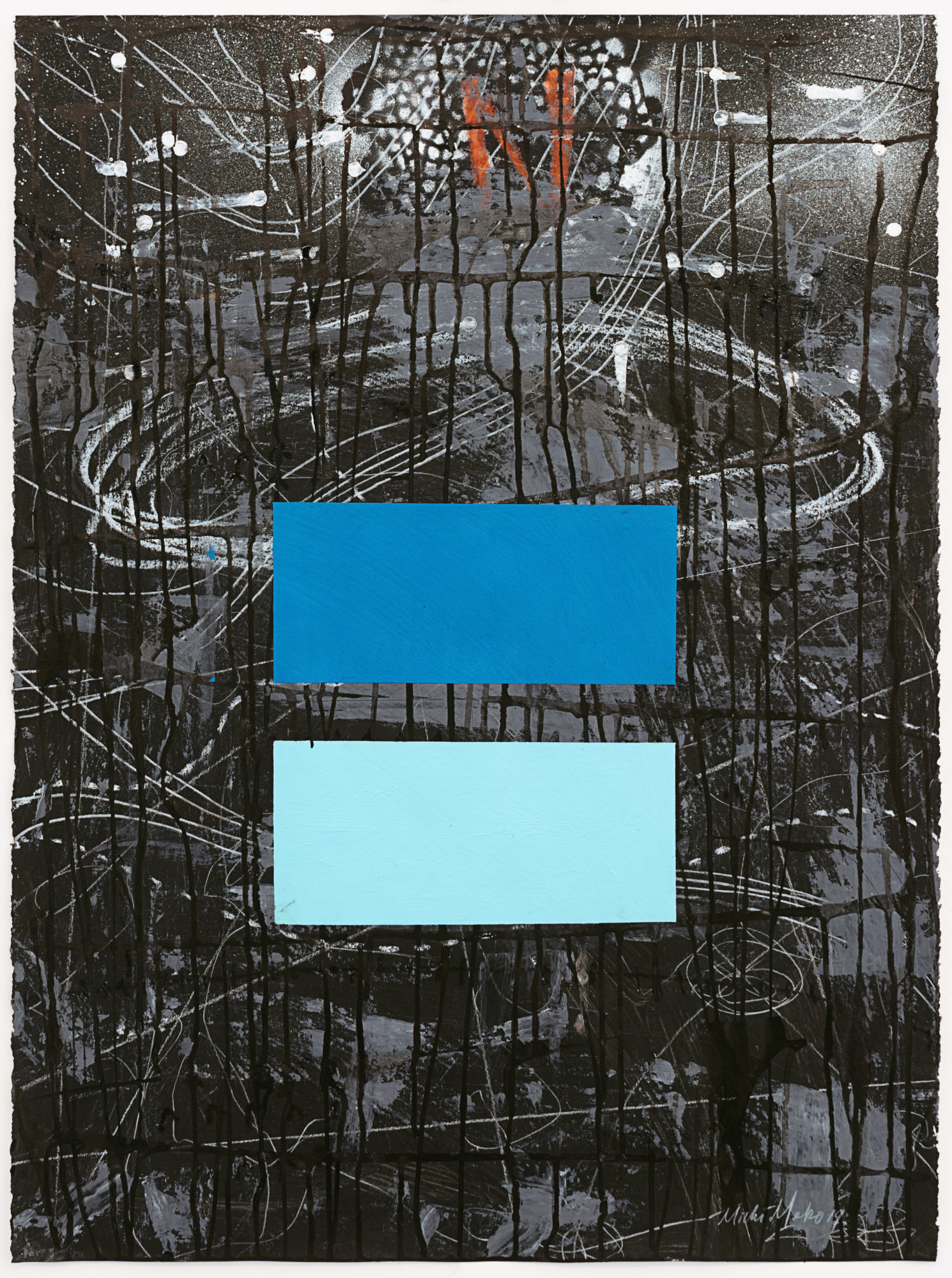 A multi-media work containing black and white elements and two differing shades of horizontal blue rectangles in the lower-center