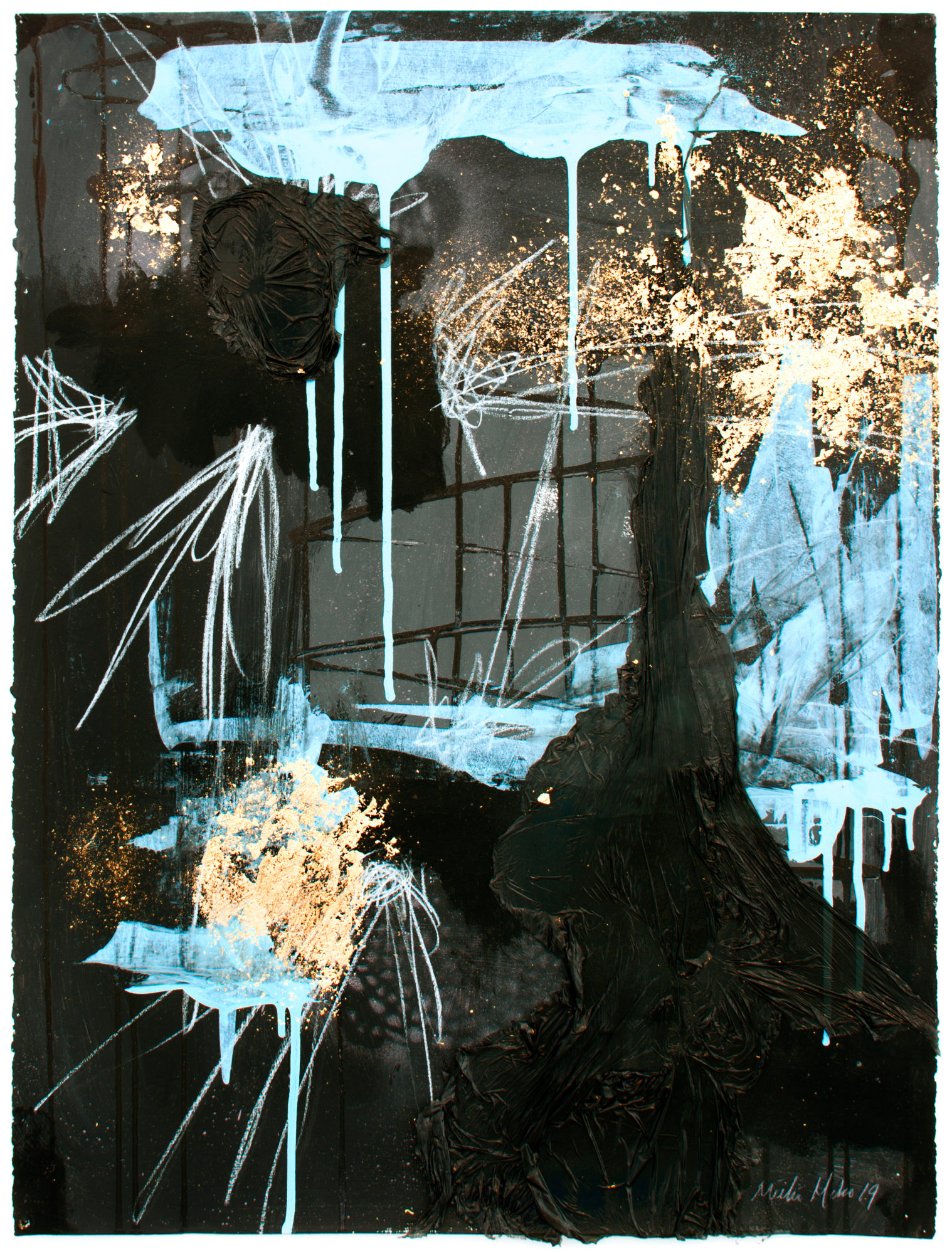 A multi-media work containing black and white elements, gold leaf and various fields of light blue