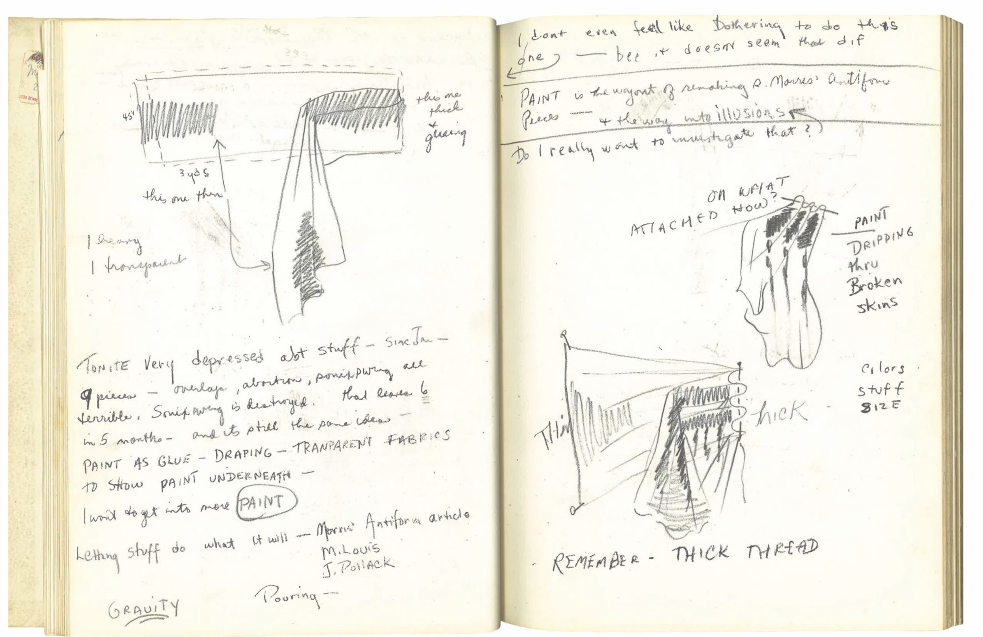 A photograph of a journal opened to two pages. On both pages are diagrams of how to use fabric ., accompanied by text that reads tonite very depressed about stuff ... paint as glue, draping, trasnsparent fabrics, letting stuff do what it will, gravity. The pages are yellowed at the edges, and the writing is in pencil.