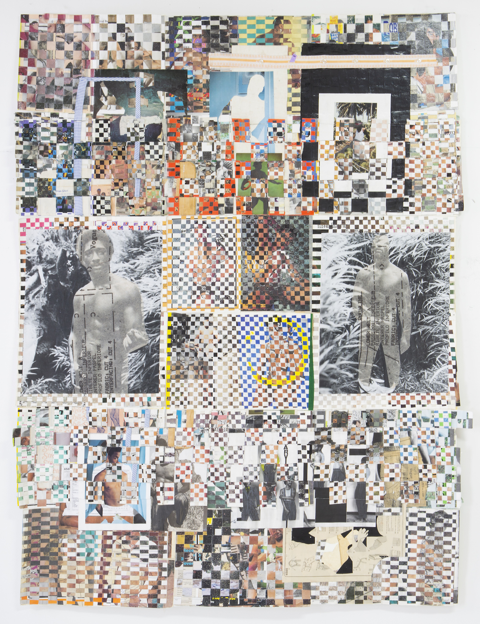 A multi medium collage in which images of men are distorted and obscured through the use of tiling.