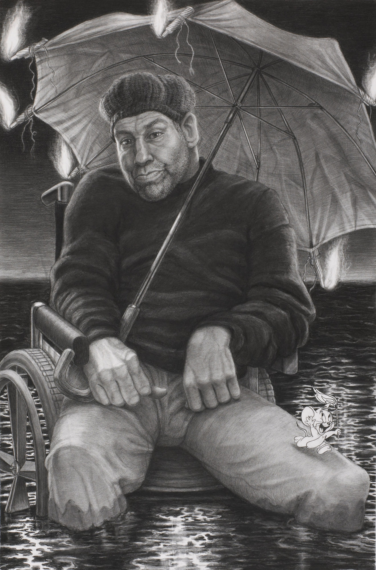black and white drawing of a man sitting in a wheelchair slightly posed, with an umbrella over him while his knees are submerged under water, drawing of jerry the mouse placed on his left thigh