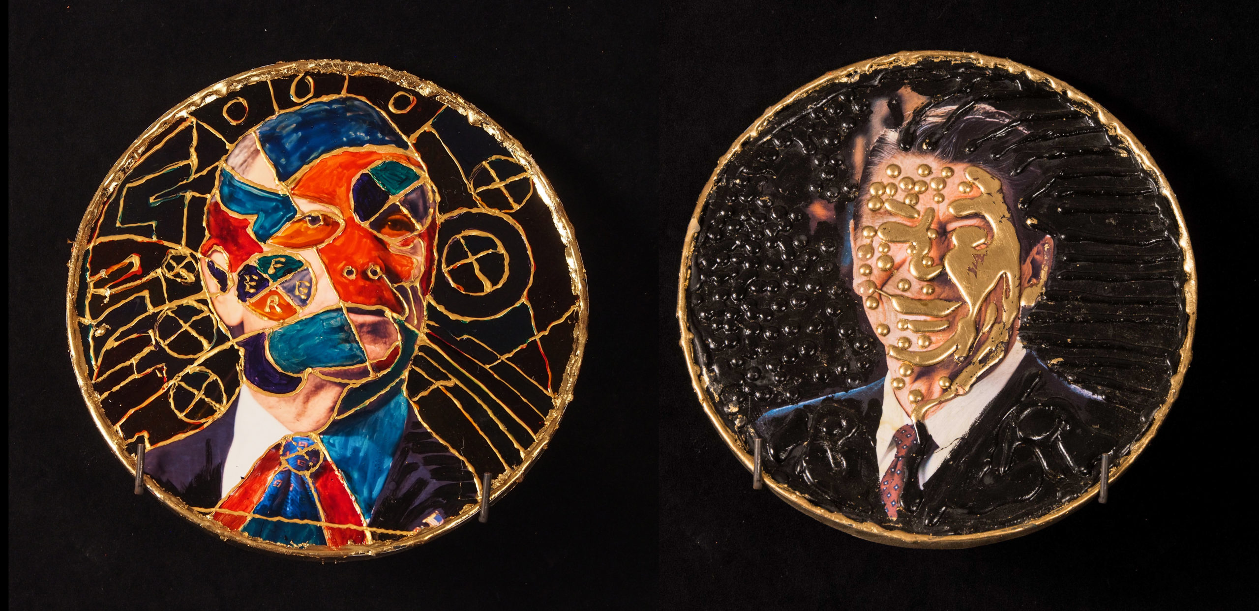 Black background, two gold circles. The first circle contains a blue-and-red collage image of Michael Bloomberg, and the other one contains an image of Ronald Reagan with gold paint covering his face.