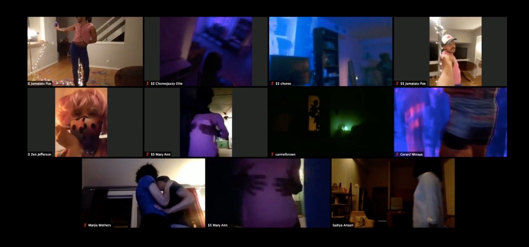 Screenshot of a Zoom chat of 11 different screens of people dancing & performing.