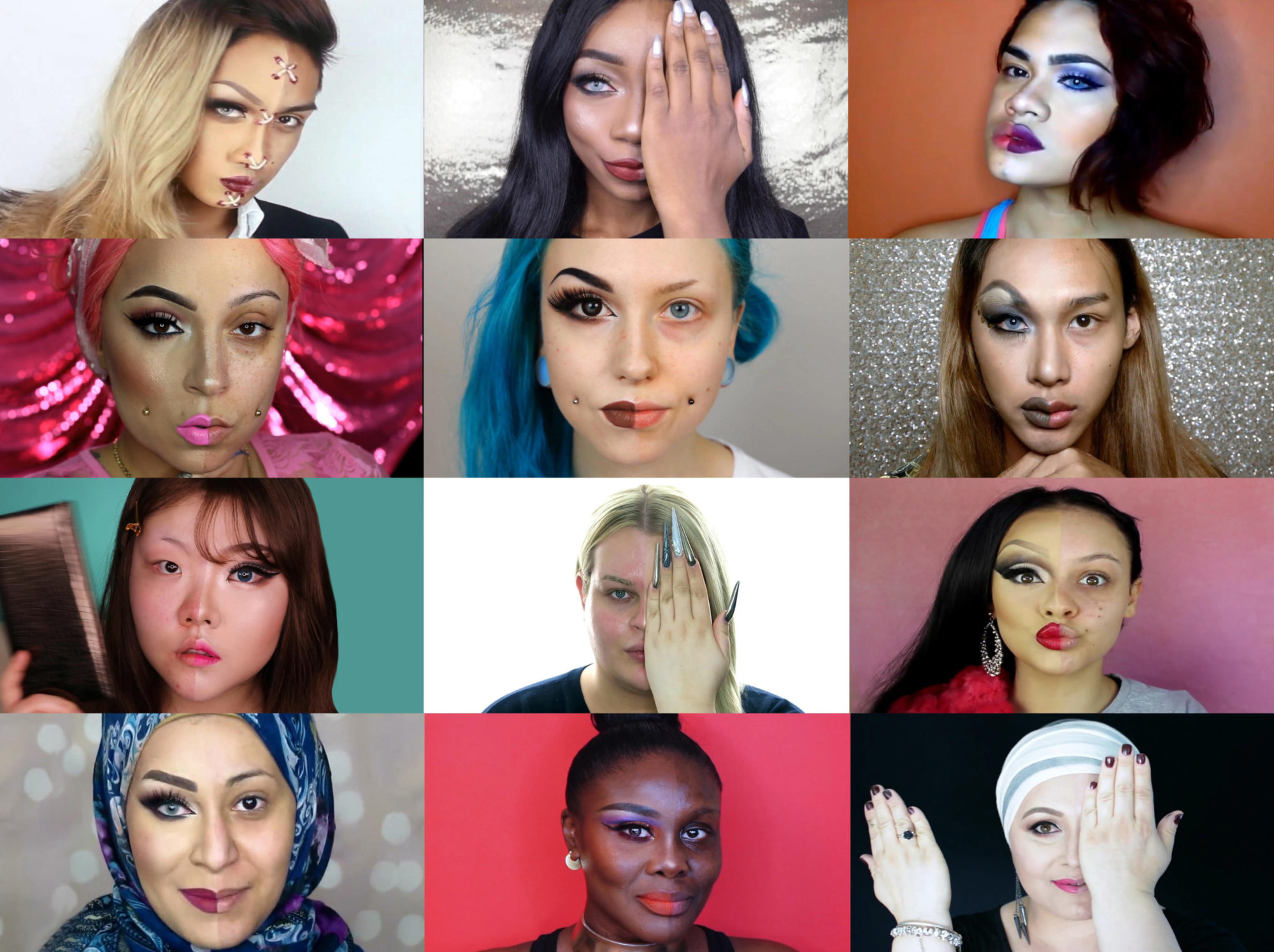 twelve images of individuals with heavy makeup on only one side of their face